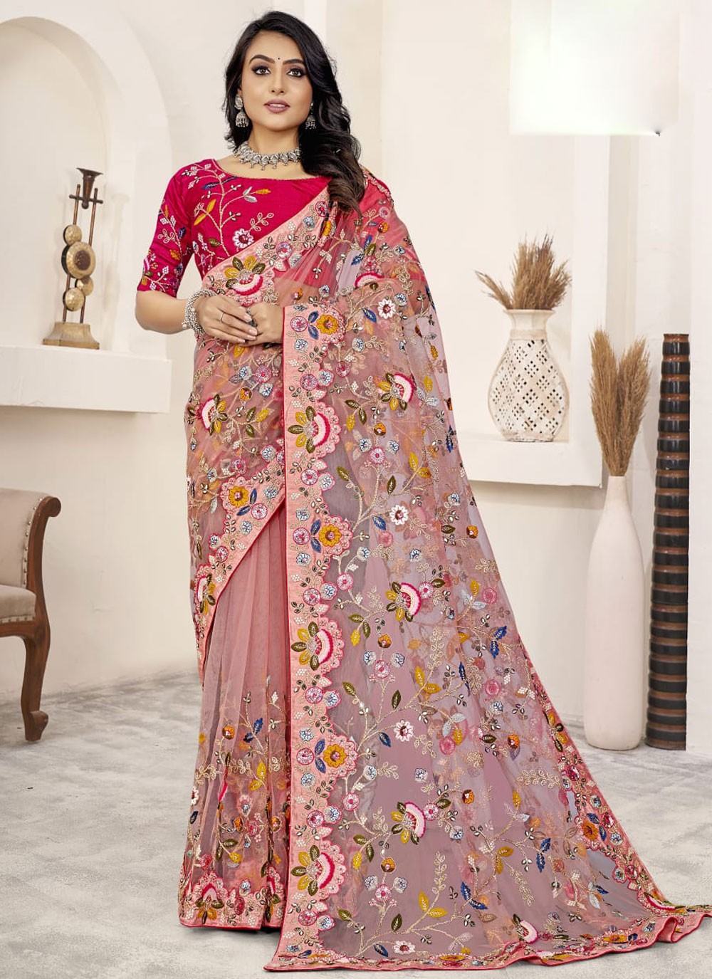 Designer Embroidered Pink Net Saree S13399