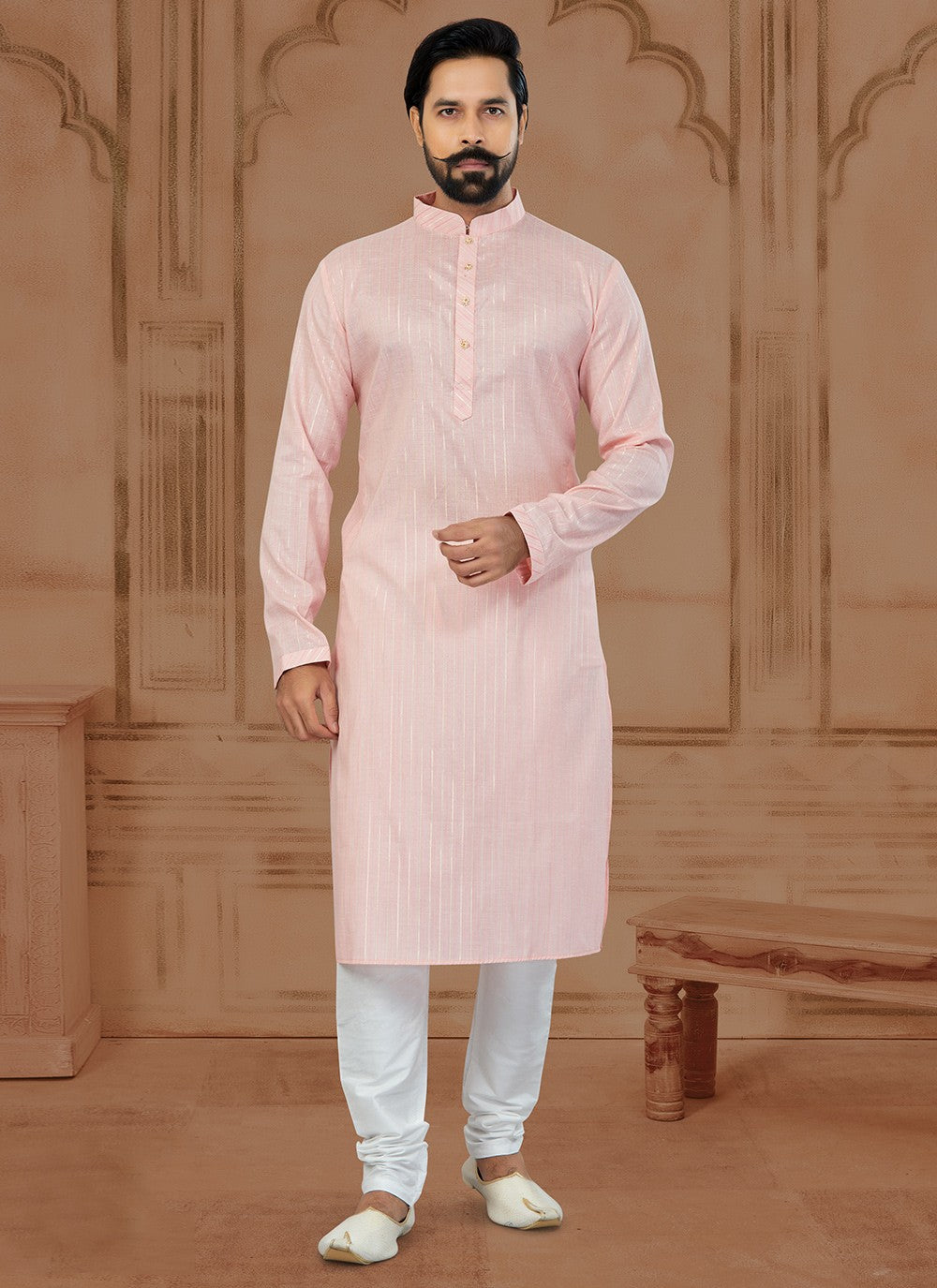 Fancy Work Soft Cotton Pink Kurta - M5772