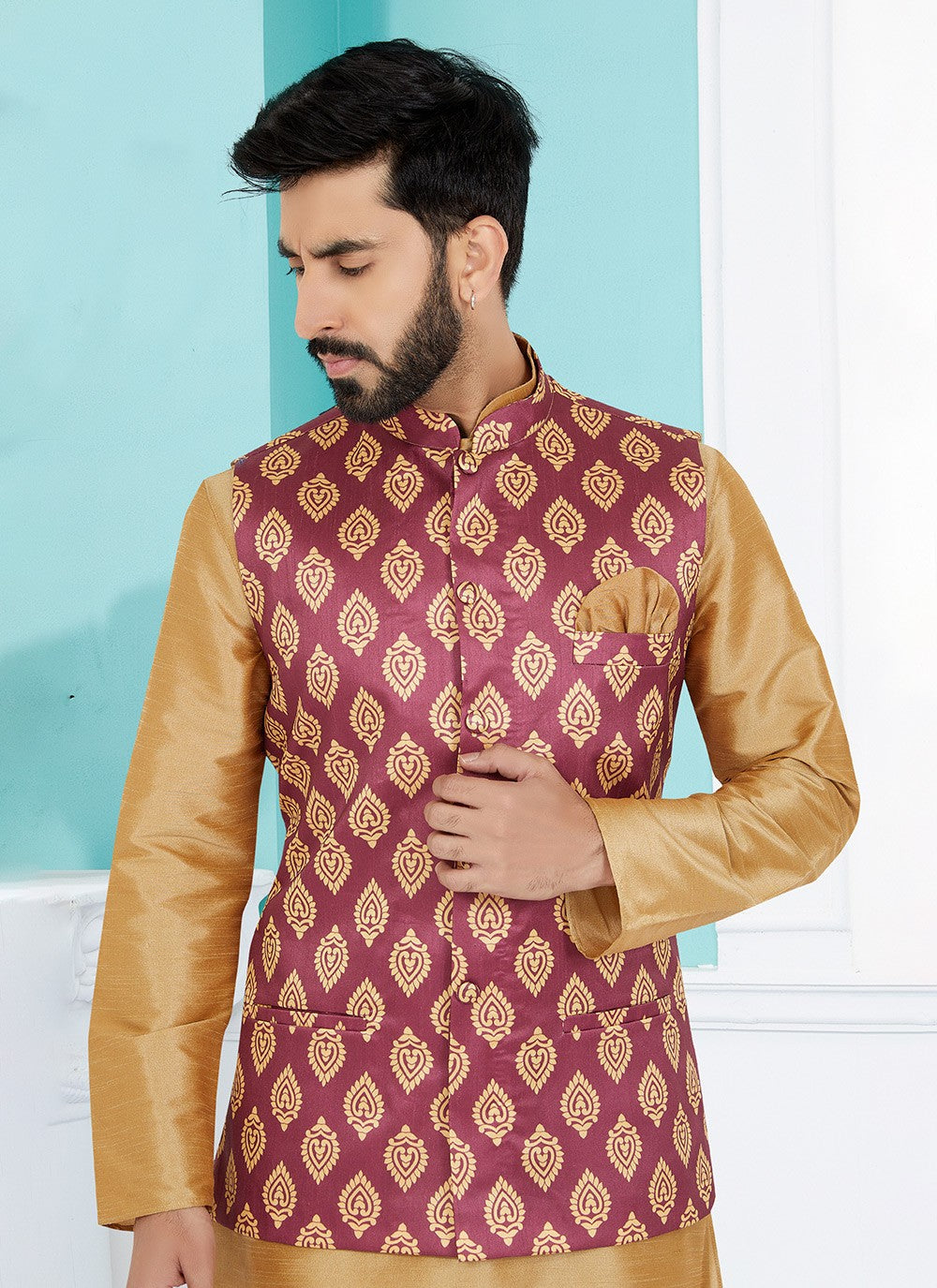 Printed Banarasi Silk Pink Nehru Jackets - M7487