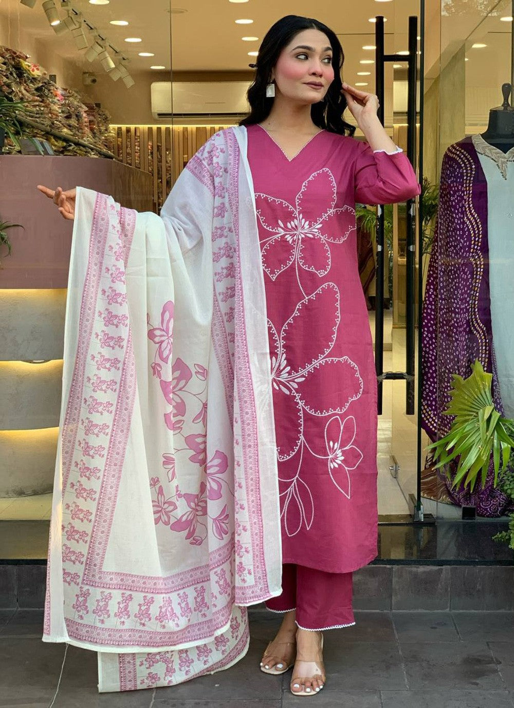 Pant Style Suit Embroidered, Printed Pink T7381
