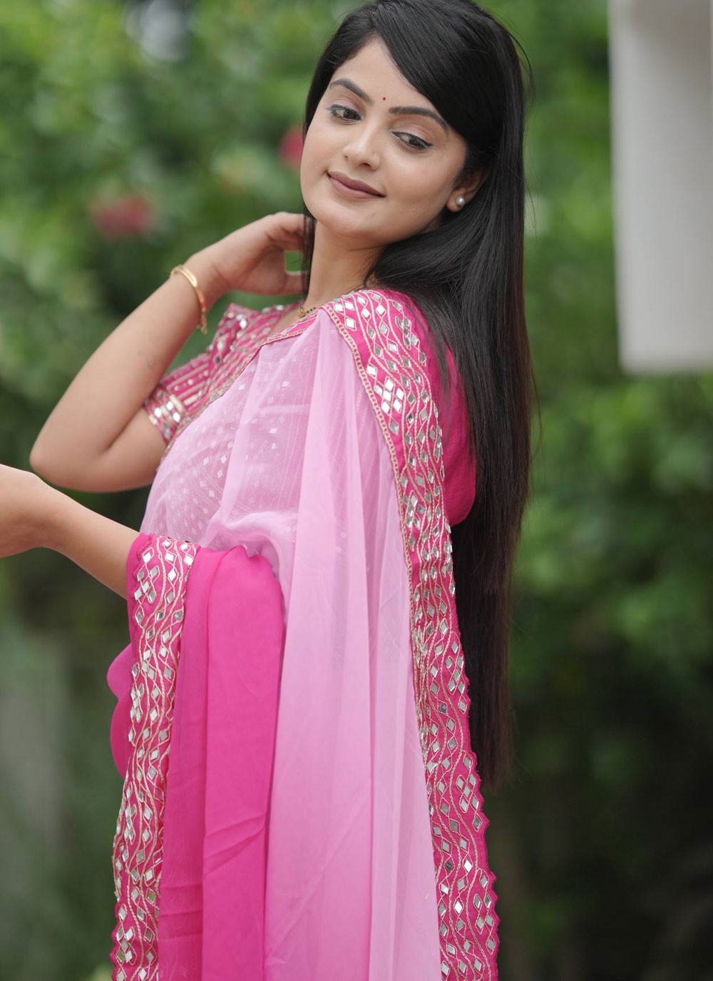 Pink Faux Georgette Traditional Saree Embroidered, Lace, Mirror S20465