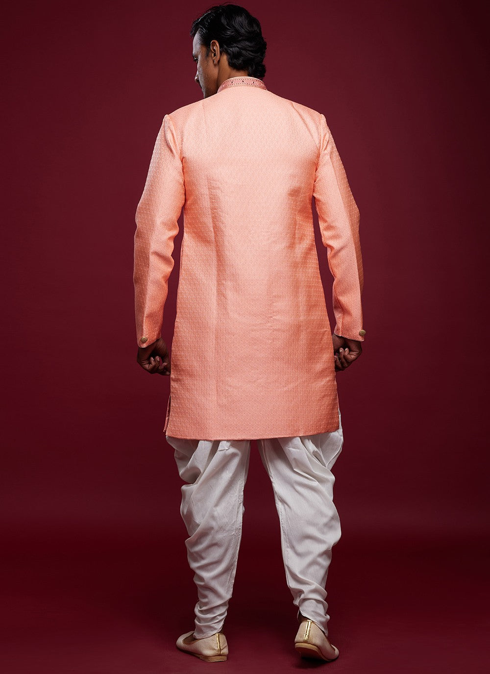 Embroidered Banarasi Jacquard Pink Indo Western Sherwani - M5788