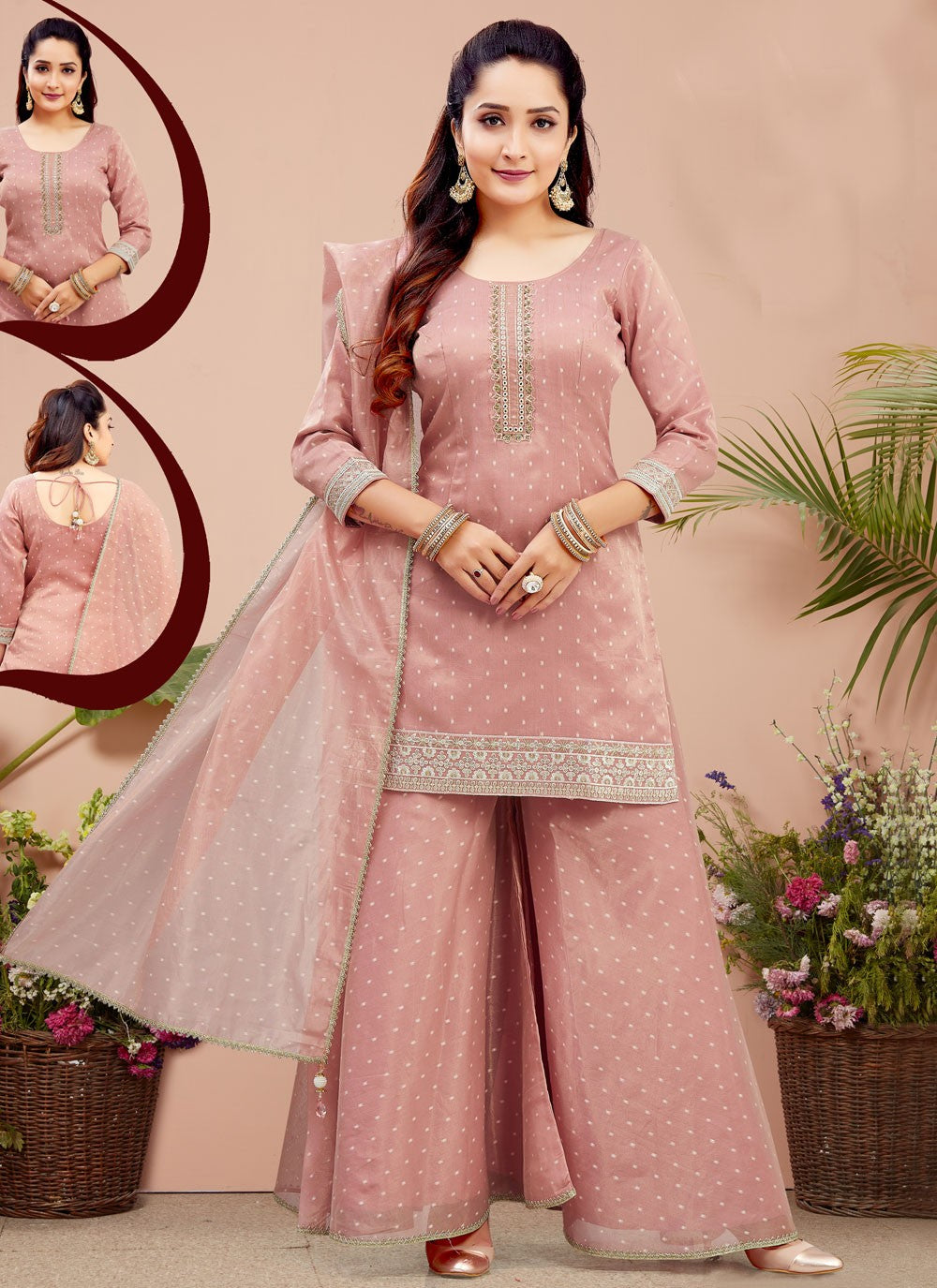Palazzo Suit Embroidered Pink T6663