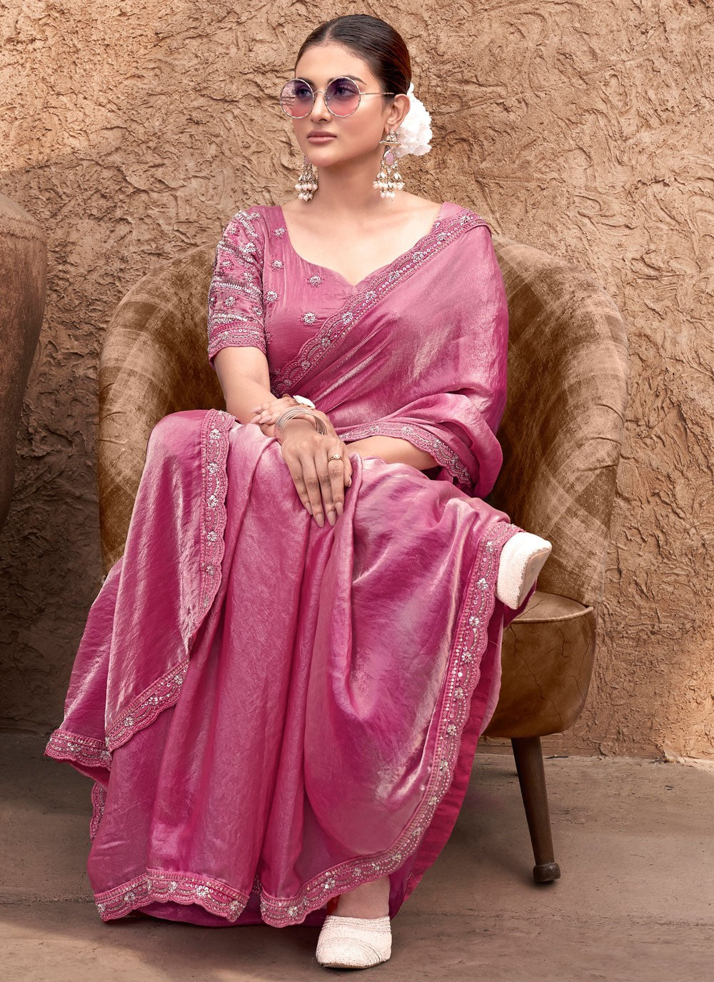 Bollywood Style Embroidered Pink Satin Silk Saree S13255