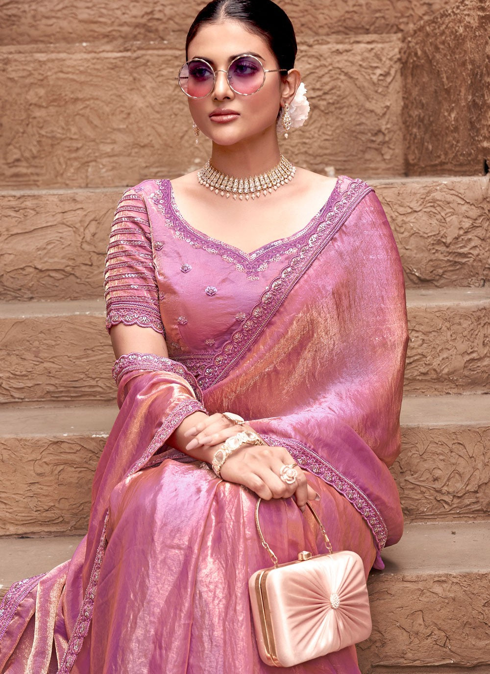 Contemporary Embroidered Pink Satin Silk Saree S13257