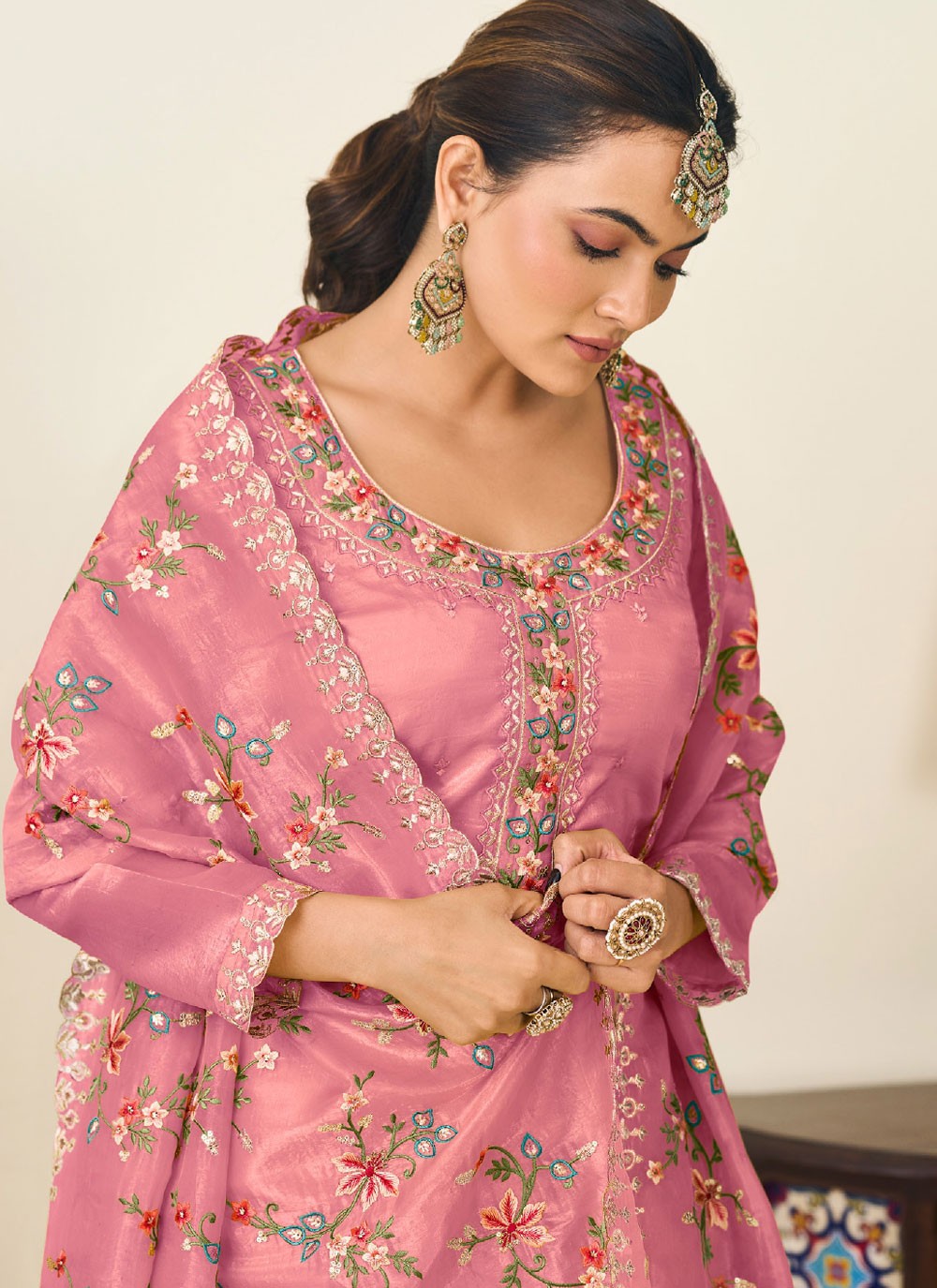 Pant Style Suit Embroidered Pink T7022