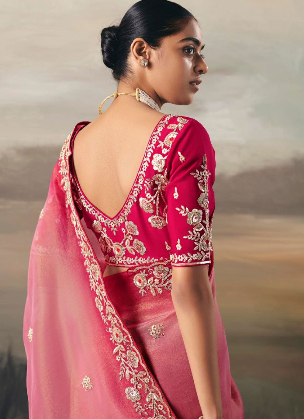 Pink Tissue Trendy Saree Embroidered, Resham, Thread S20407