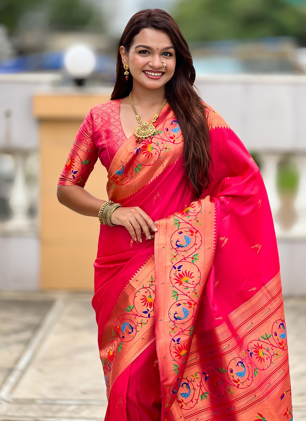Pink Silk Classic Saree Jacquard Work, Meenakari S19944