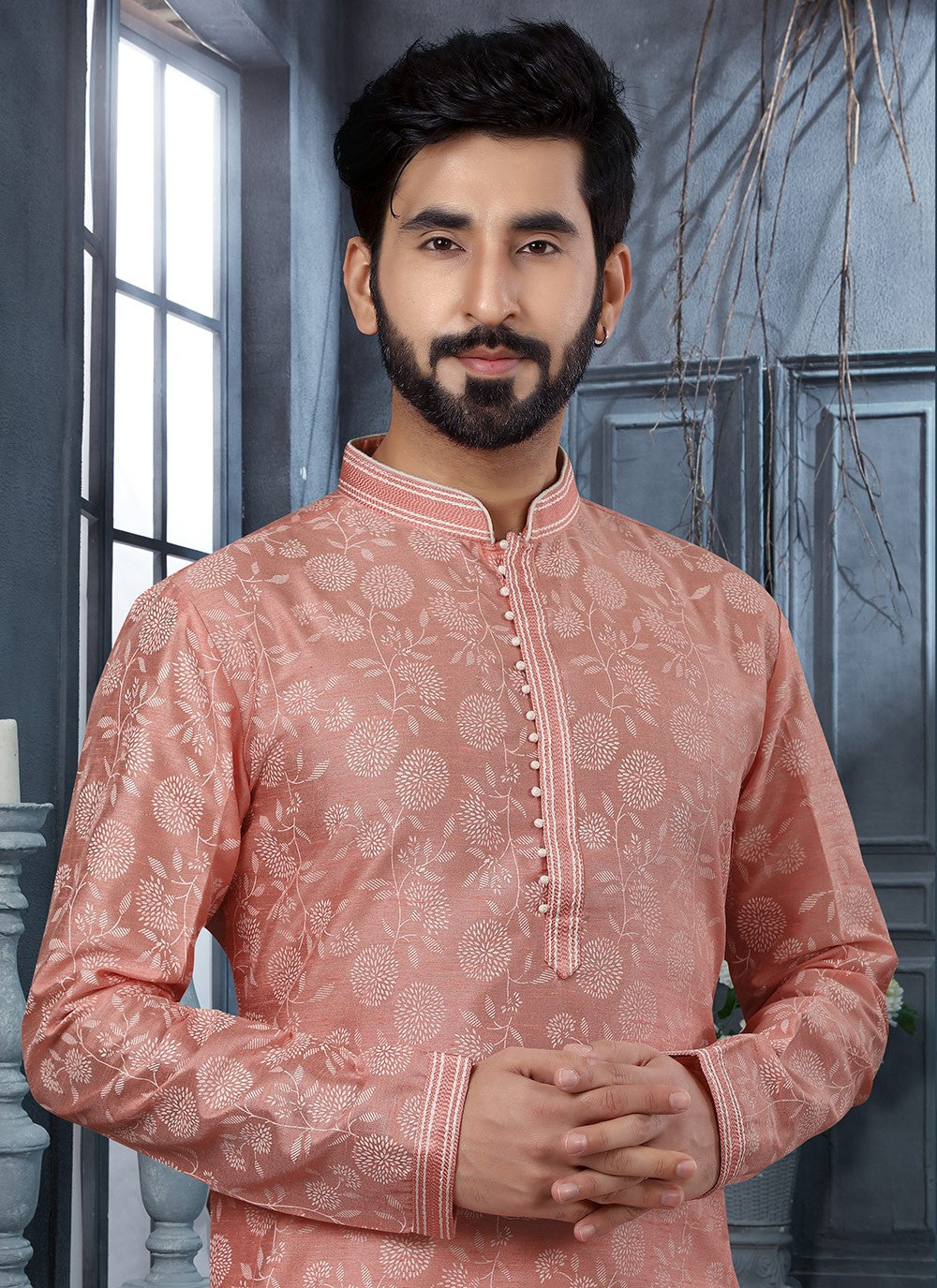 Fancy Work Art Silk Pink Kurta - M5612