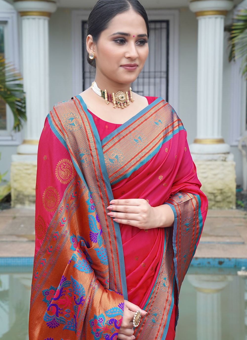 Traditional Border Work Pink Silk S12426