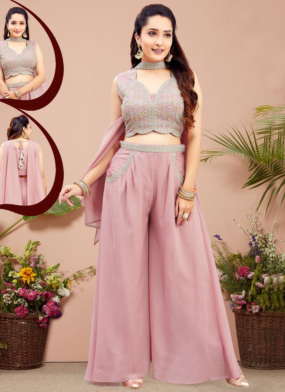 Palazzo Suit Embroidered Pink T6708