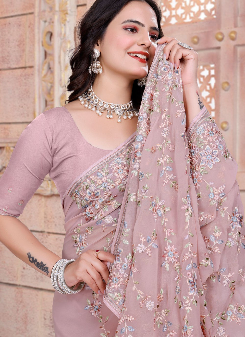 Embroidered Georgette Pink Saree S14840