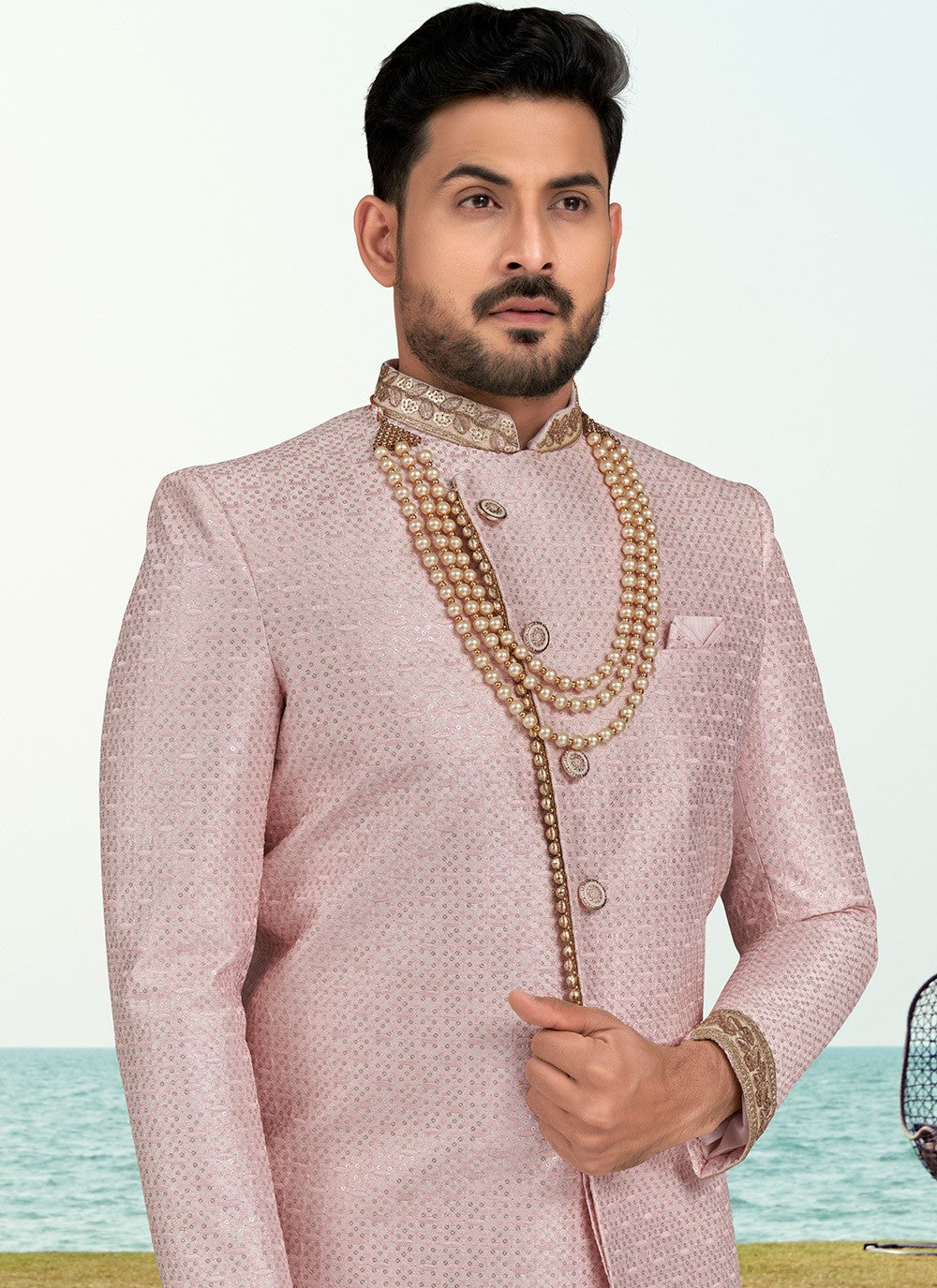 Hand Embroidery Silk Pink Sherwani - M6797