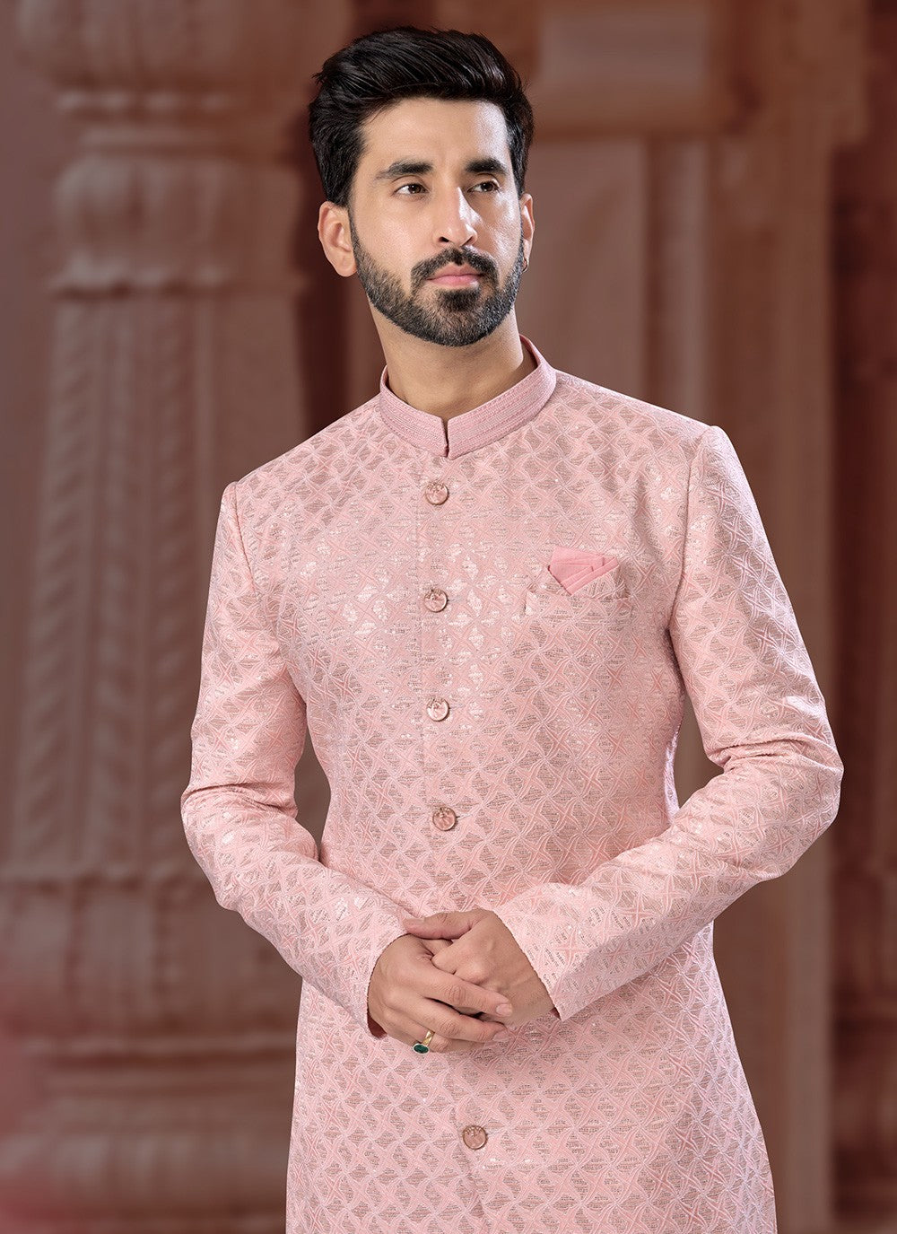 Embroidered Jacquard Pink Indo Western Sherwani - M6900