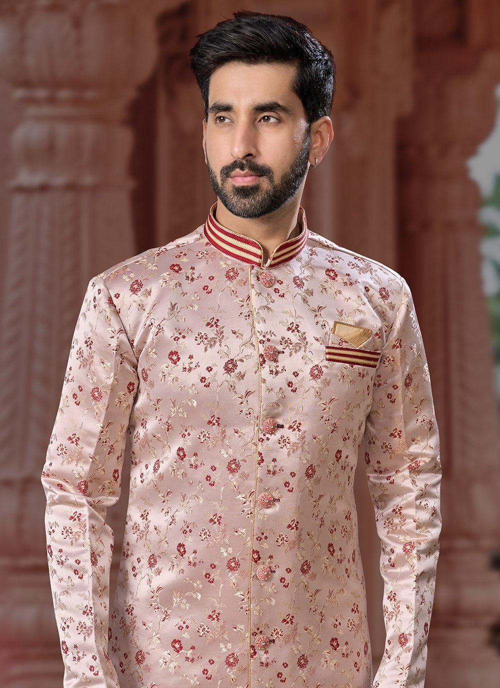 Fancy Work Jacquard Pink Indo Western Sherwani - M7169
