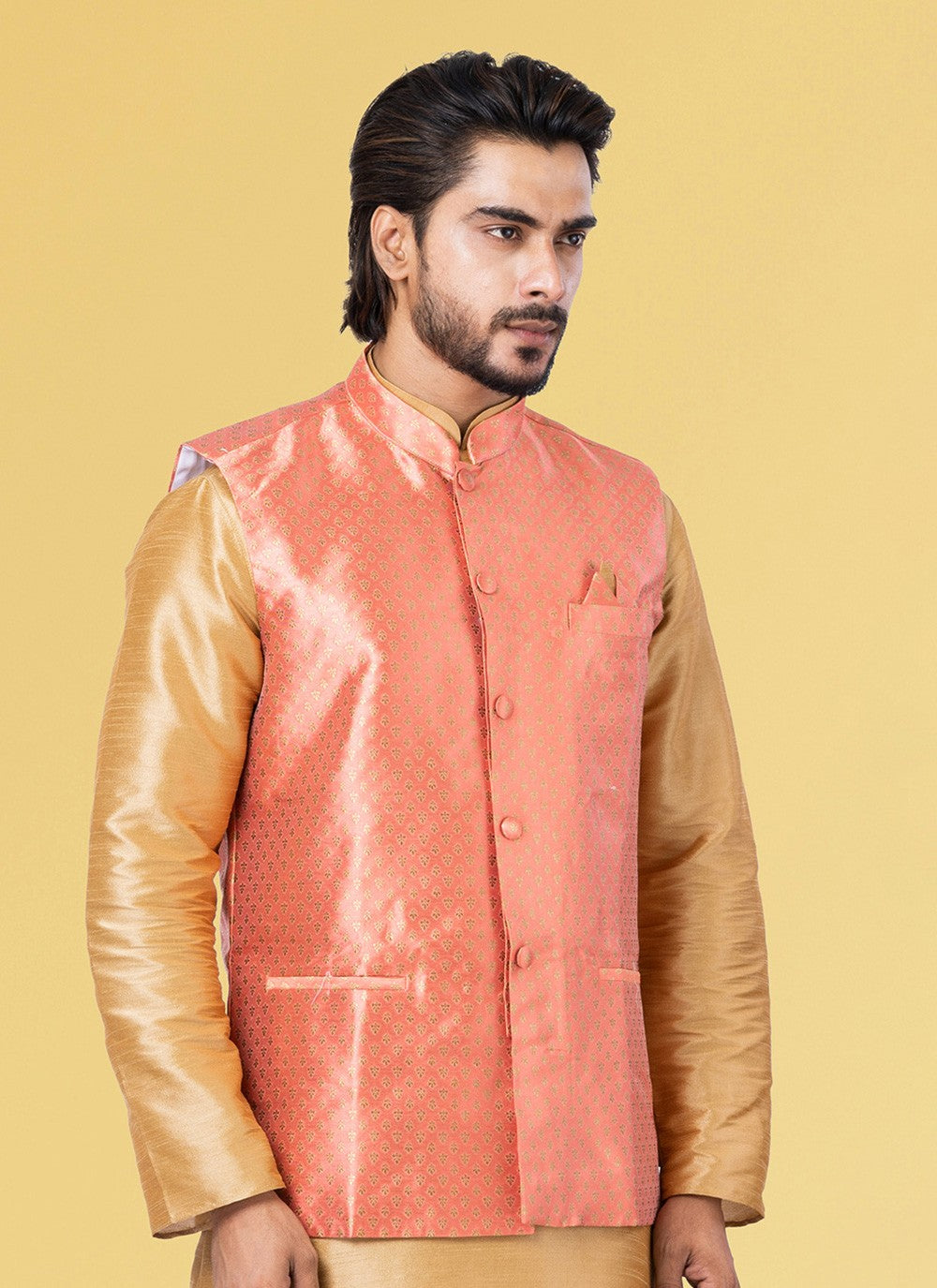 Jacquard Work Silk Pink Nehru Jackets - M7448