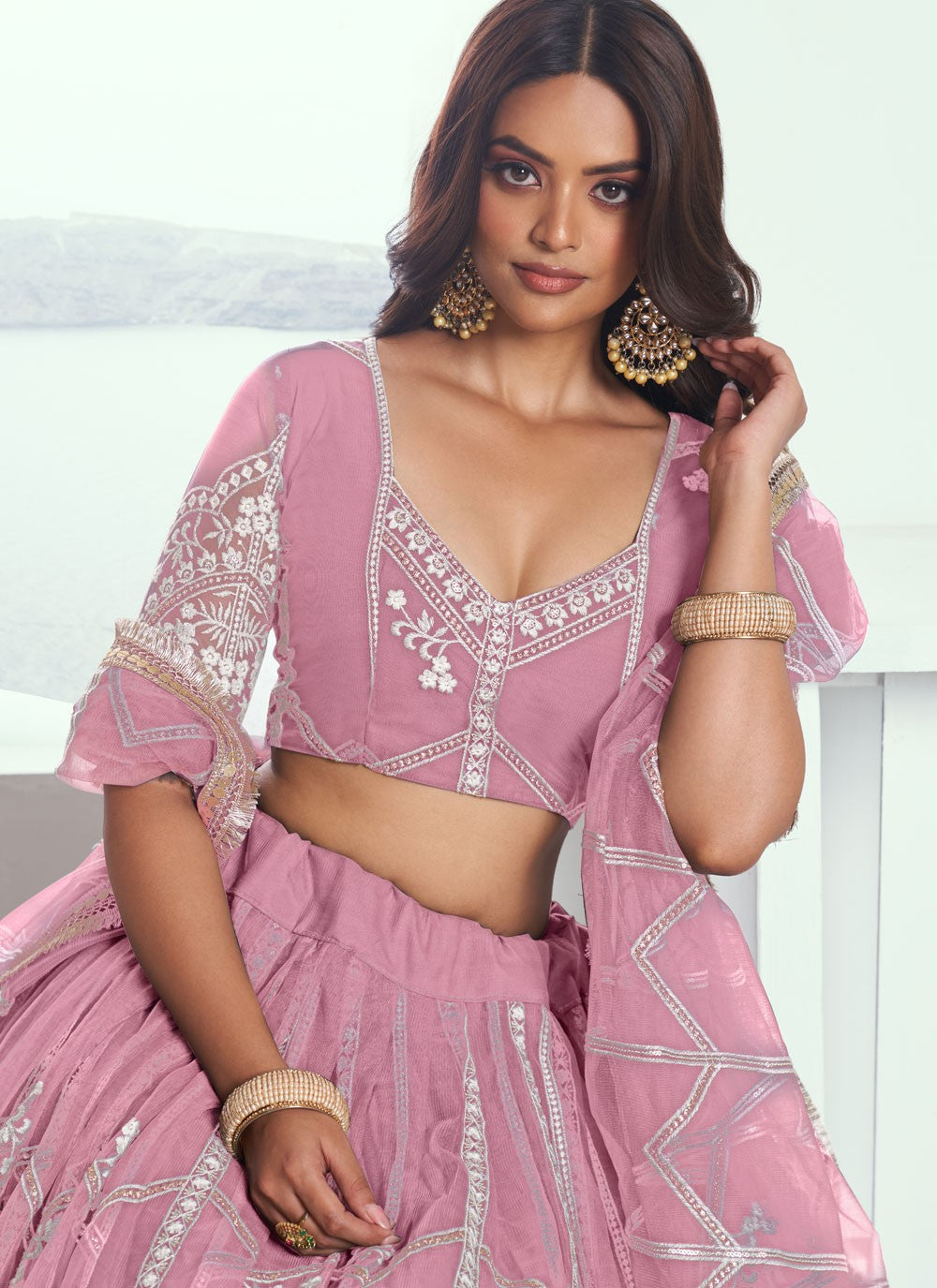 Embroidered Net Pink A - Line Lehenga L3775
