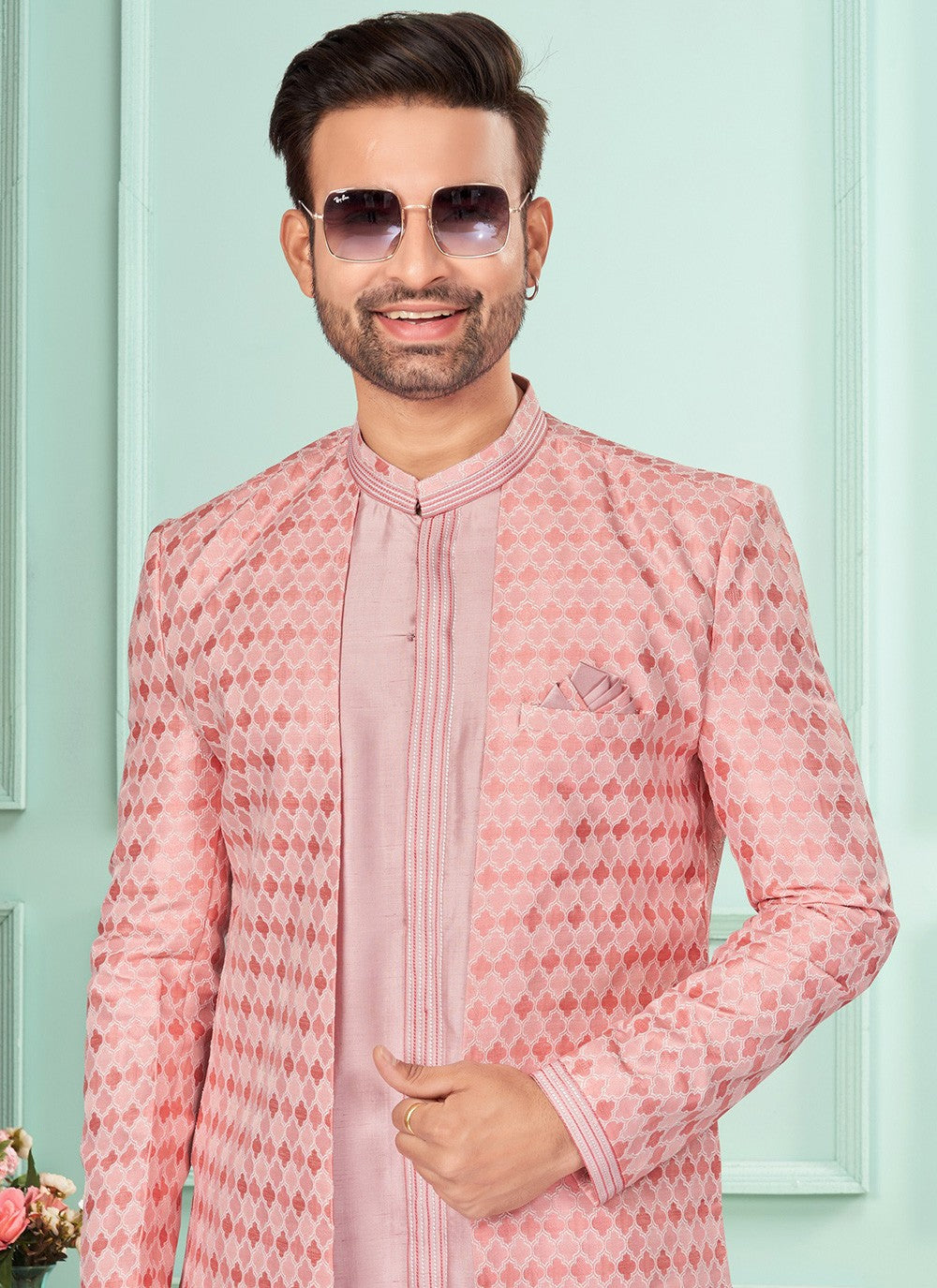 Fancy Work Brocade, Jacquard Pink Indo Western - M7271