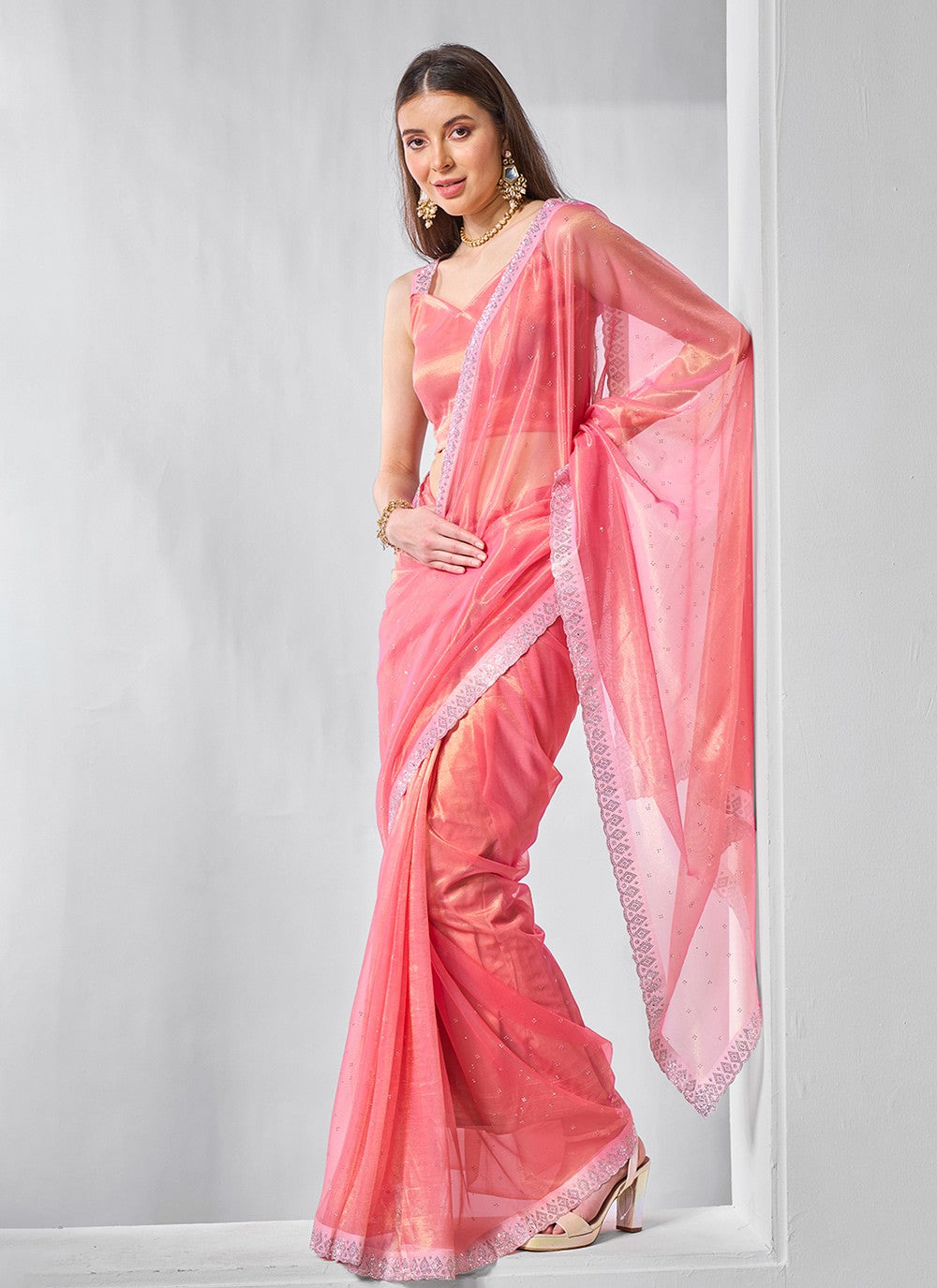 Trendy Moti Net, Tissue Blue Saree - S10872