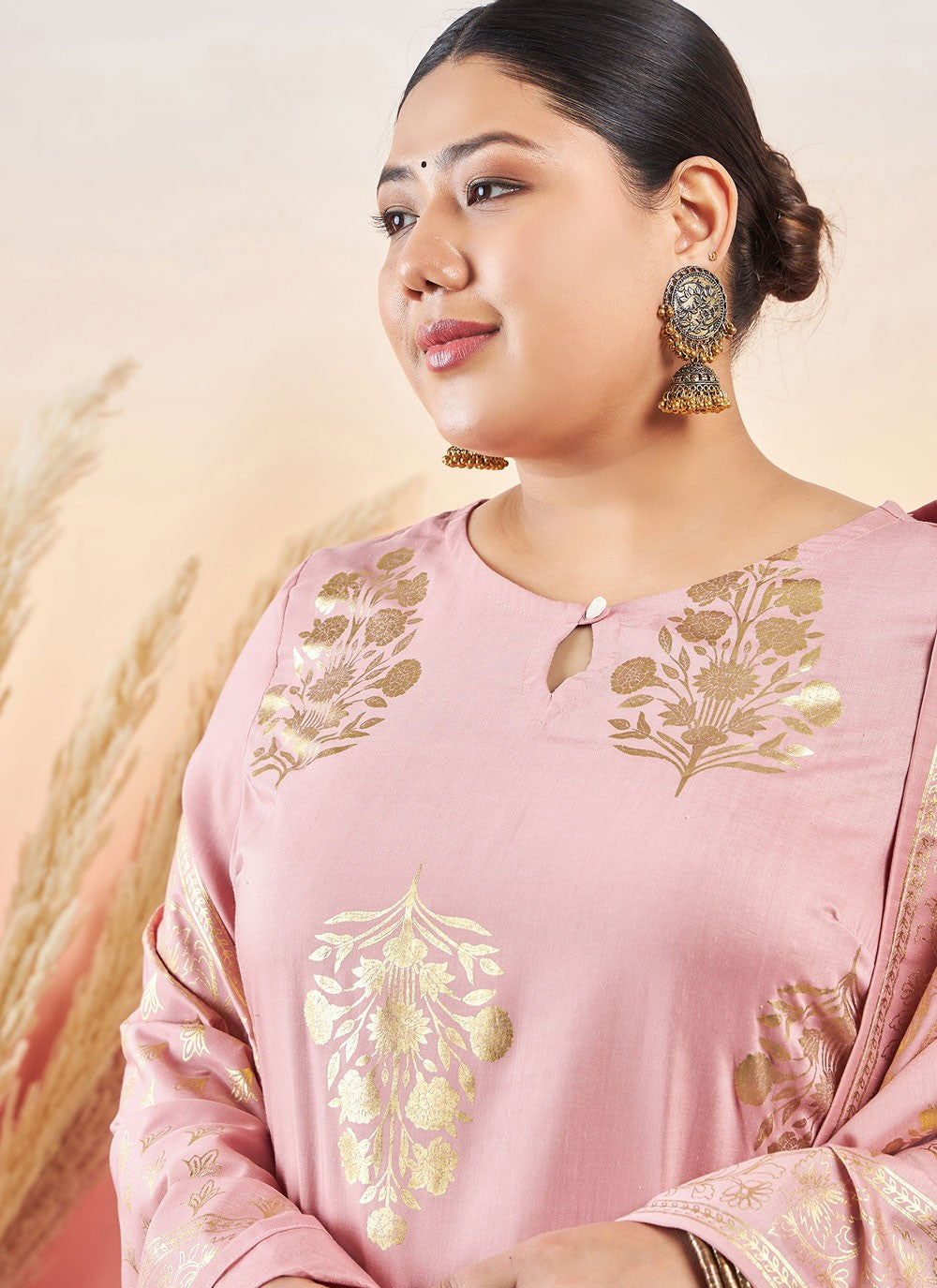 Pant Style Suit Printed Pink Poly Silk T5709