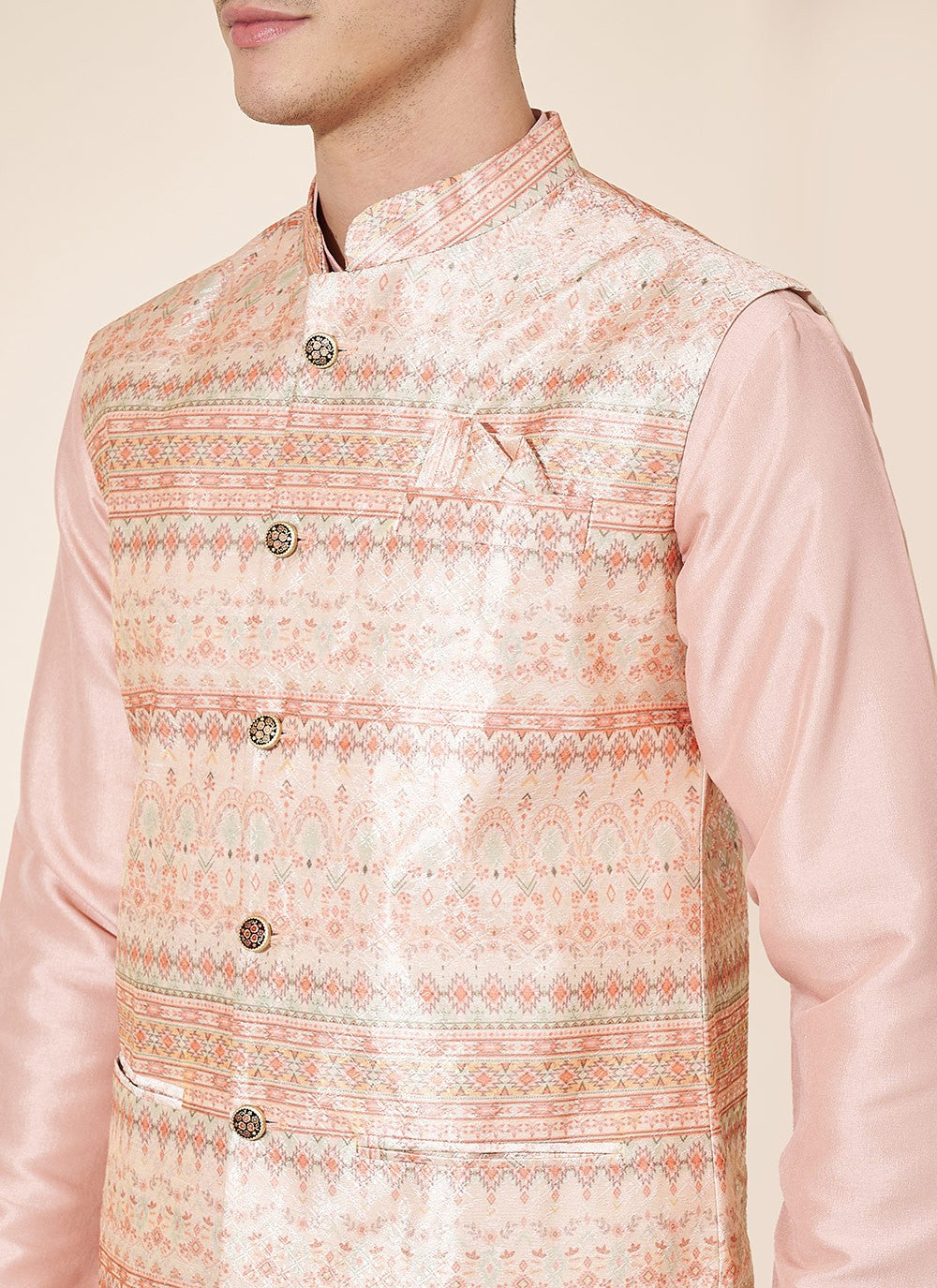 Jacquard Work Pure Silk Pink Kurta Payjama With Jacket - M8028