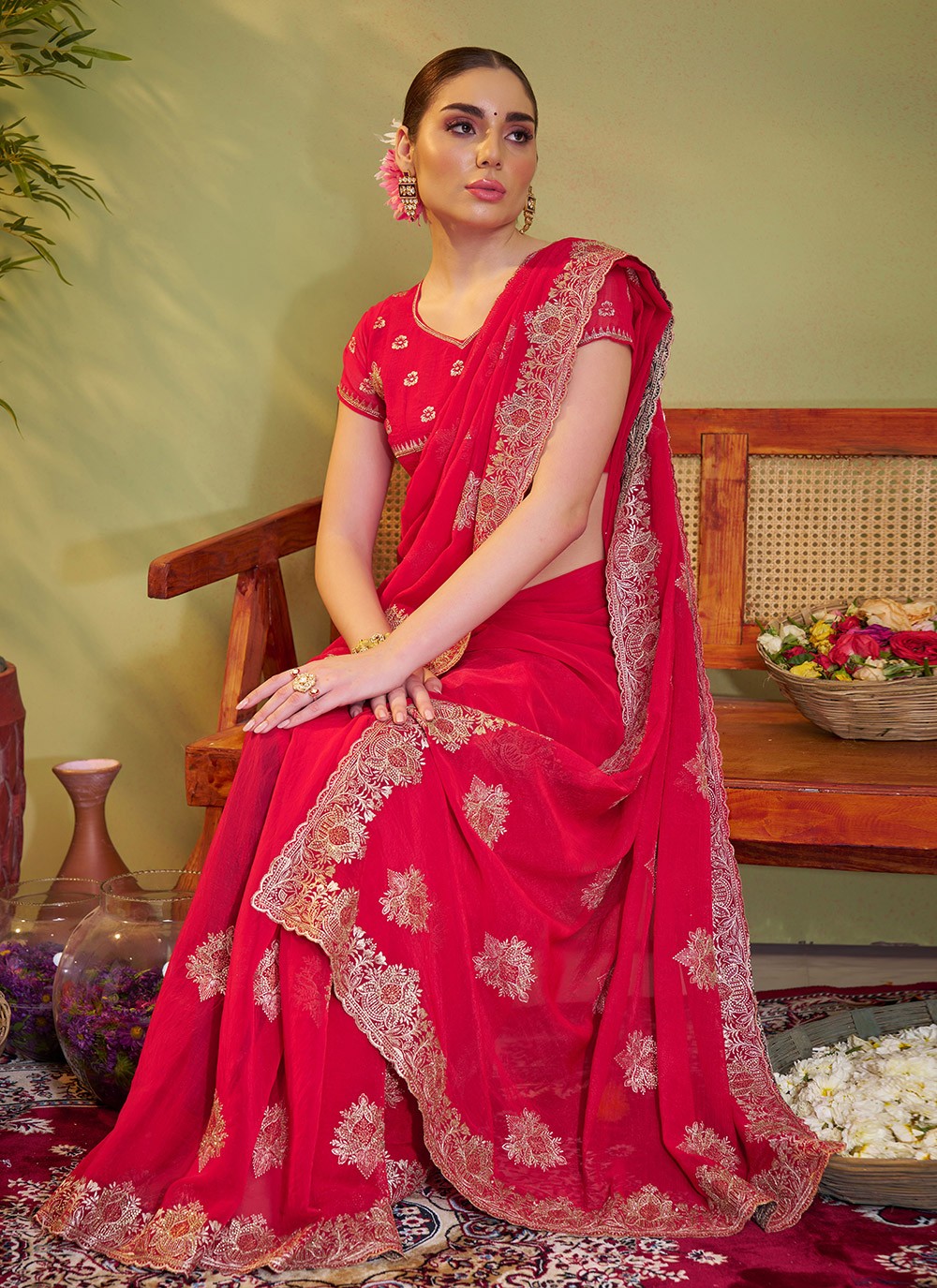 Embroidered Chiffon Pink Saree S14412