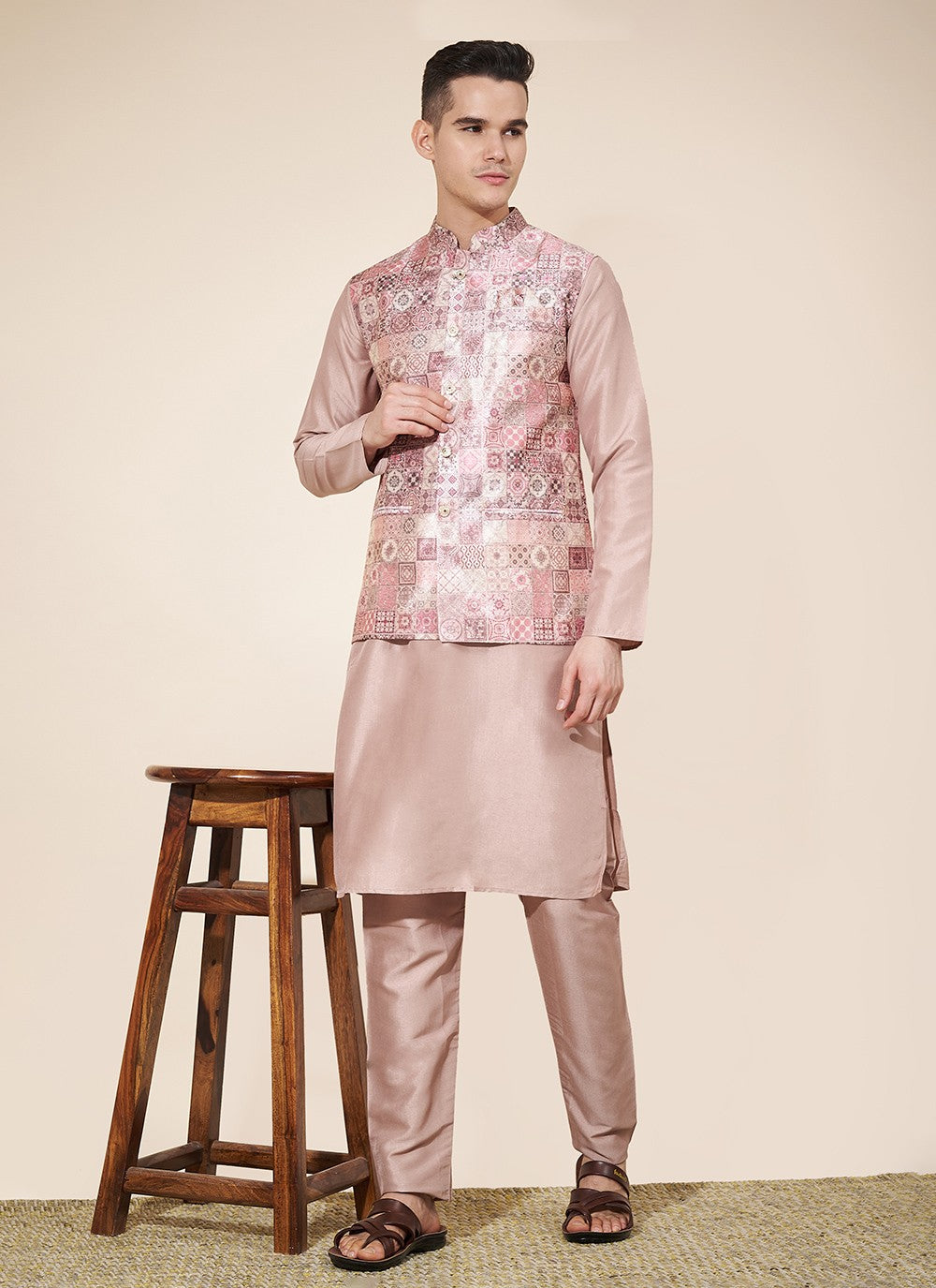 Jacquard Work Pure Silk Pink Kurta Payjama With Jacket - M8030