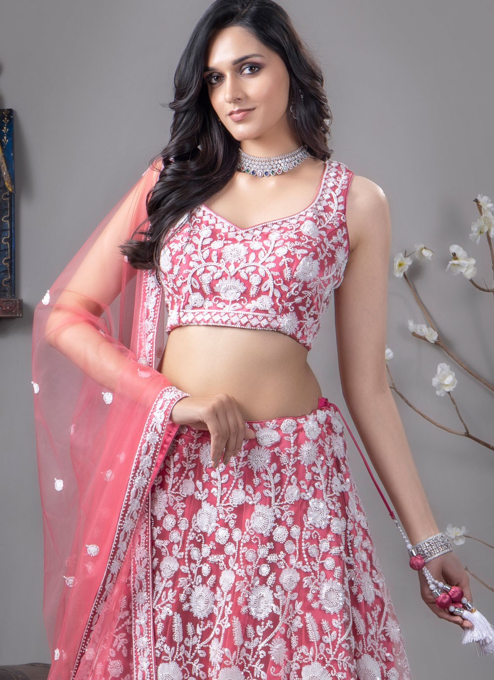 Embroidered Satin Silk Pink Lehenga Choli L3706