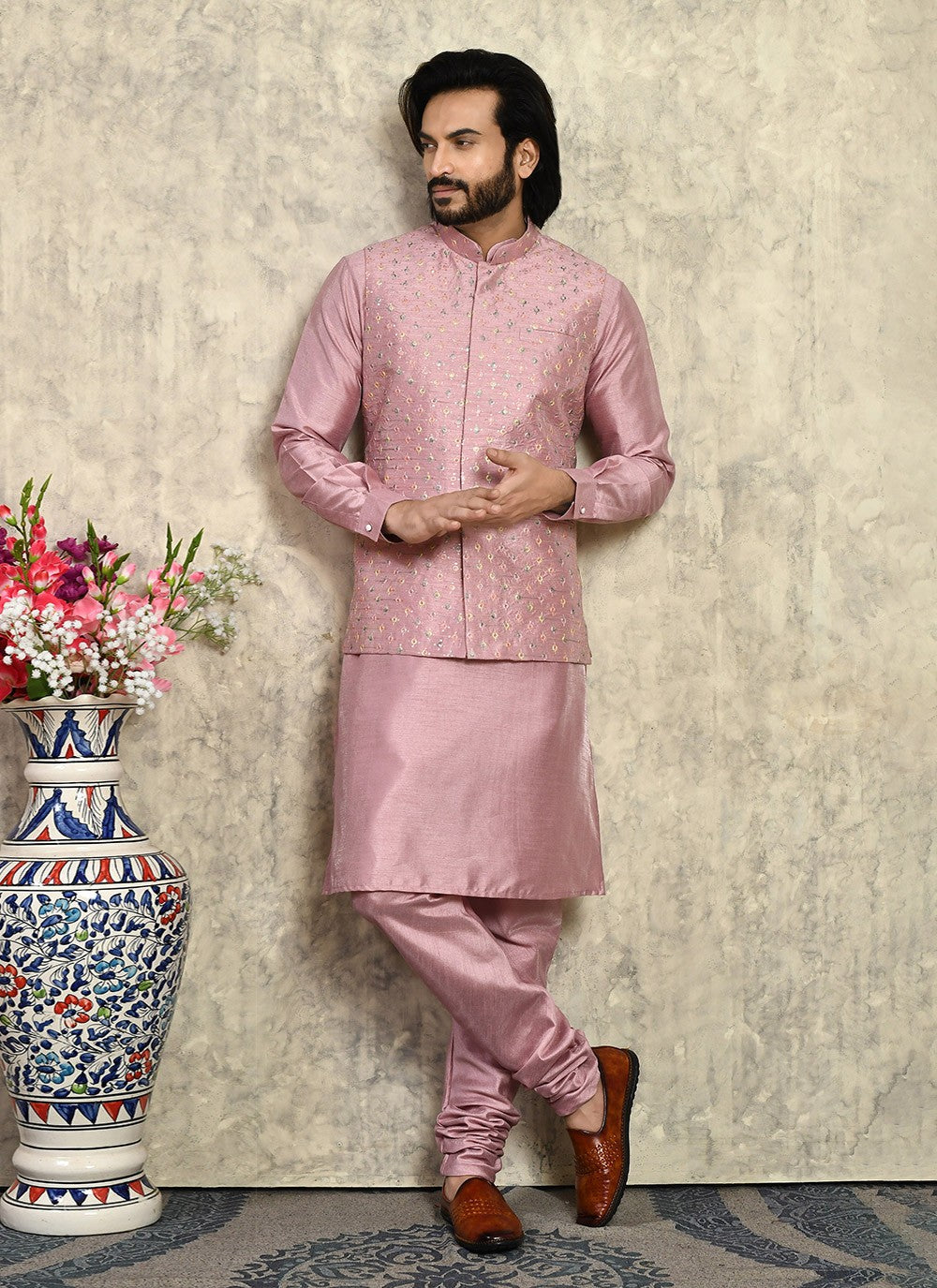 Embroidered Art Silk Pink Kurta Payjama With Jacket - M8004