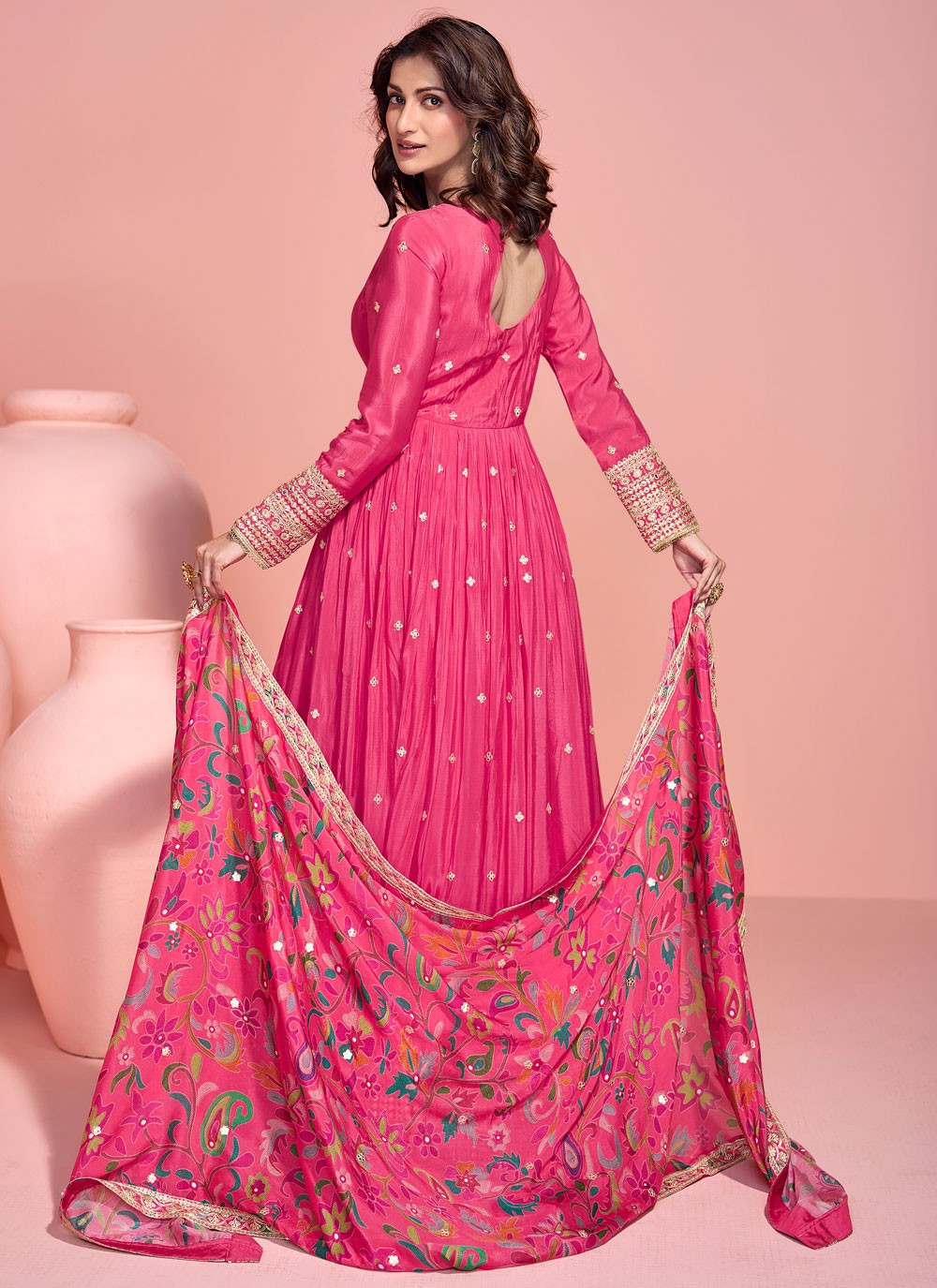 Embroidered Chinon Pink Gown G19780