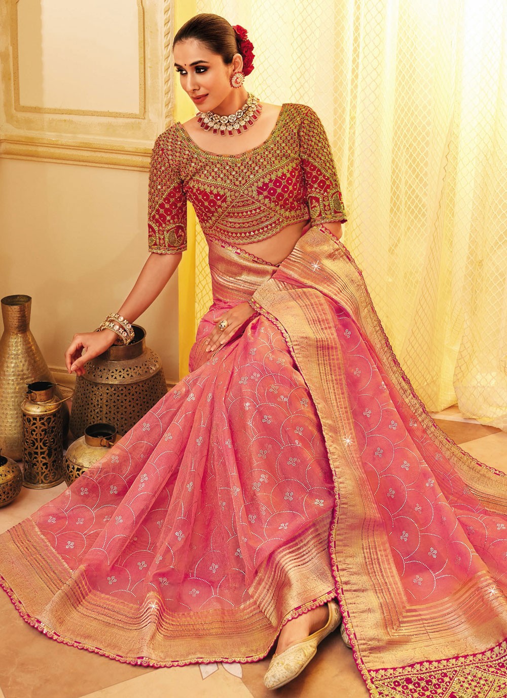Contemporary Embroidered Pink Silk Saree S13495