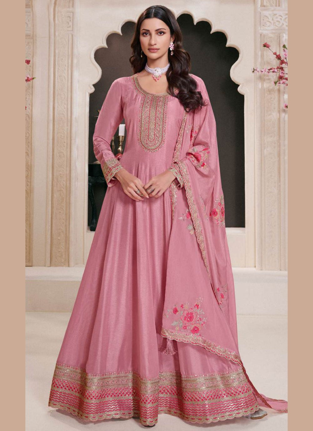 Salwar Suit Embroidered Pink Silk T5553