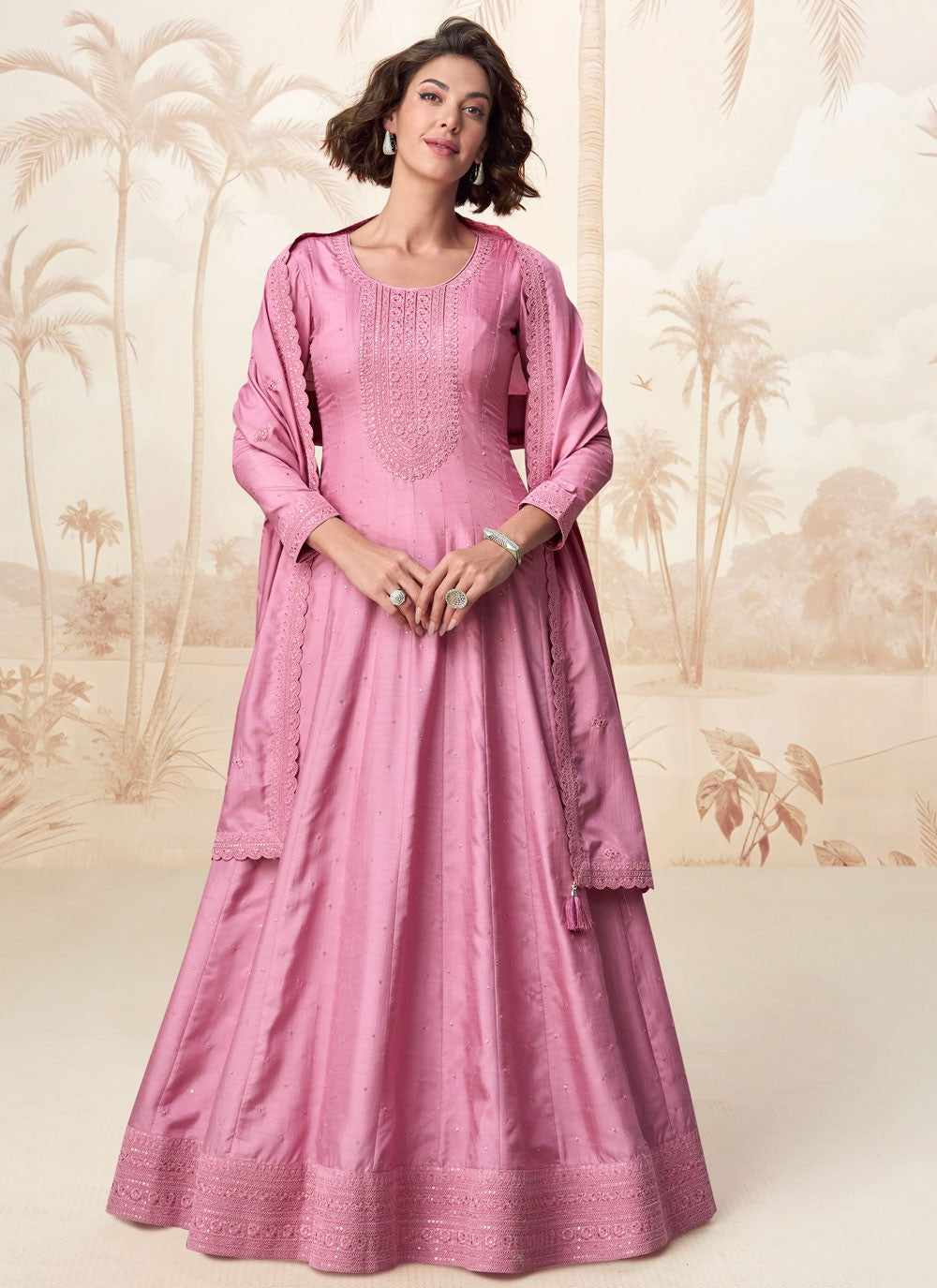 Embroidered Silk Pink Gown G19820