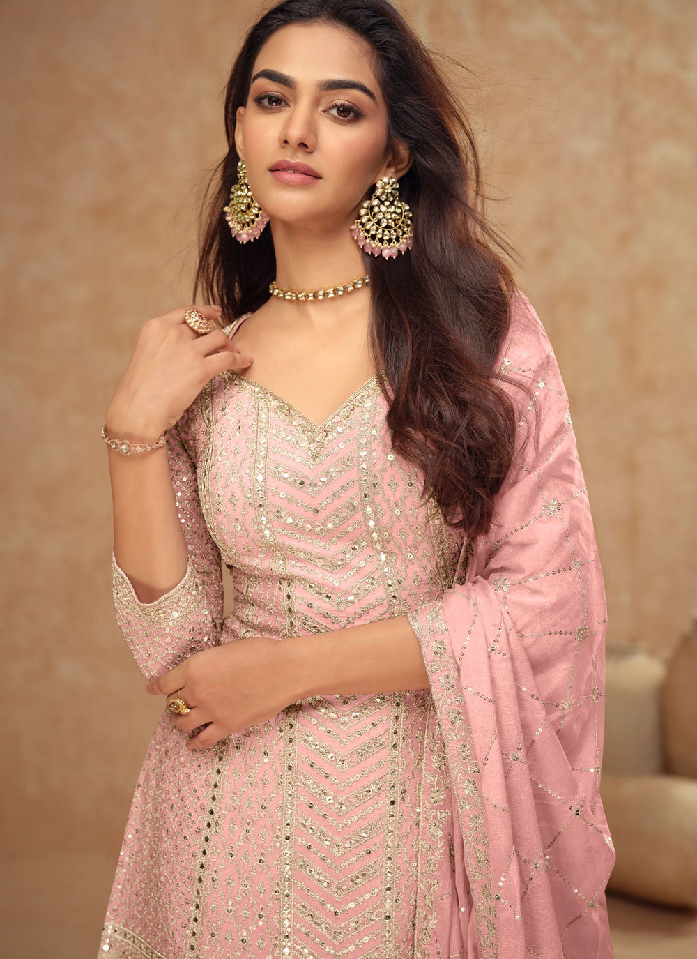 Embroidered Chinon Pink Sharara Suit T6278