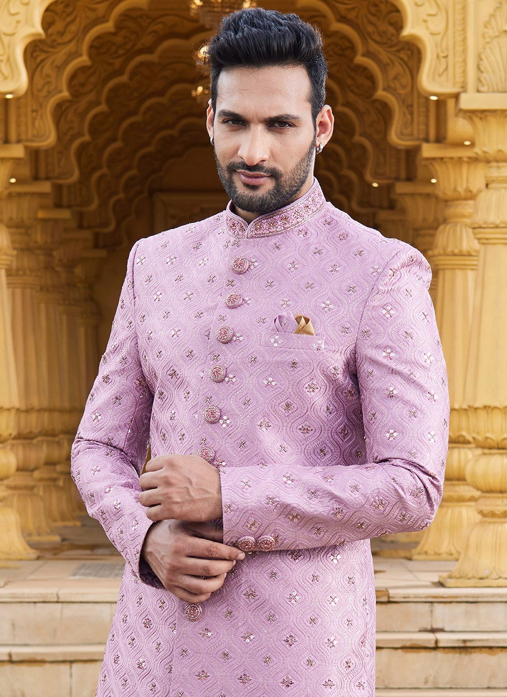 Machine Embroidery Art Silk Pink Sherwani - M6106