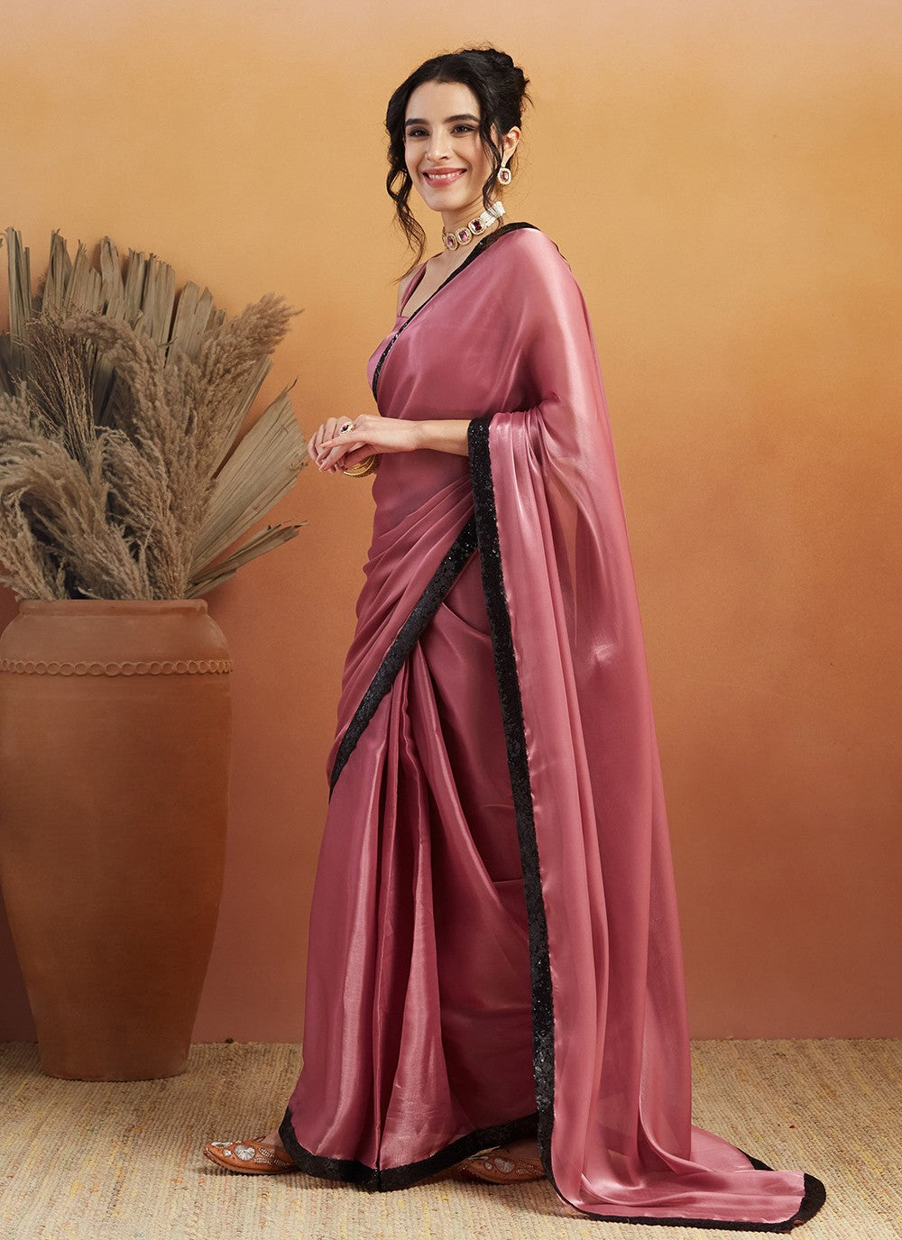 Pink Velvet Trendy Saree Embroidered, Lace S17474