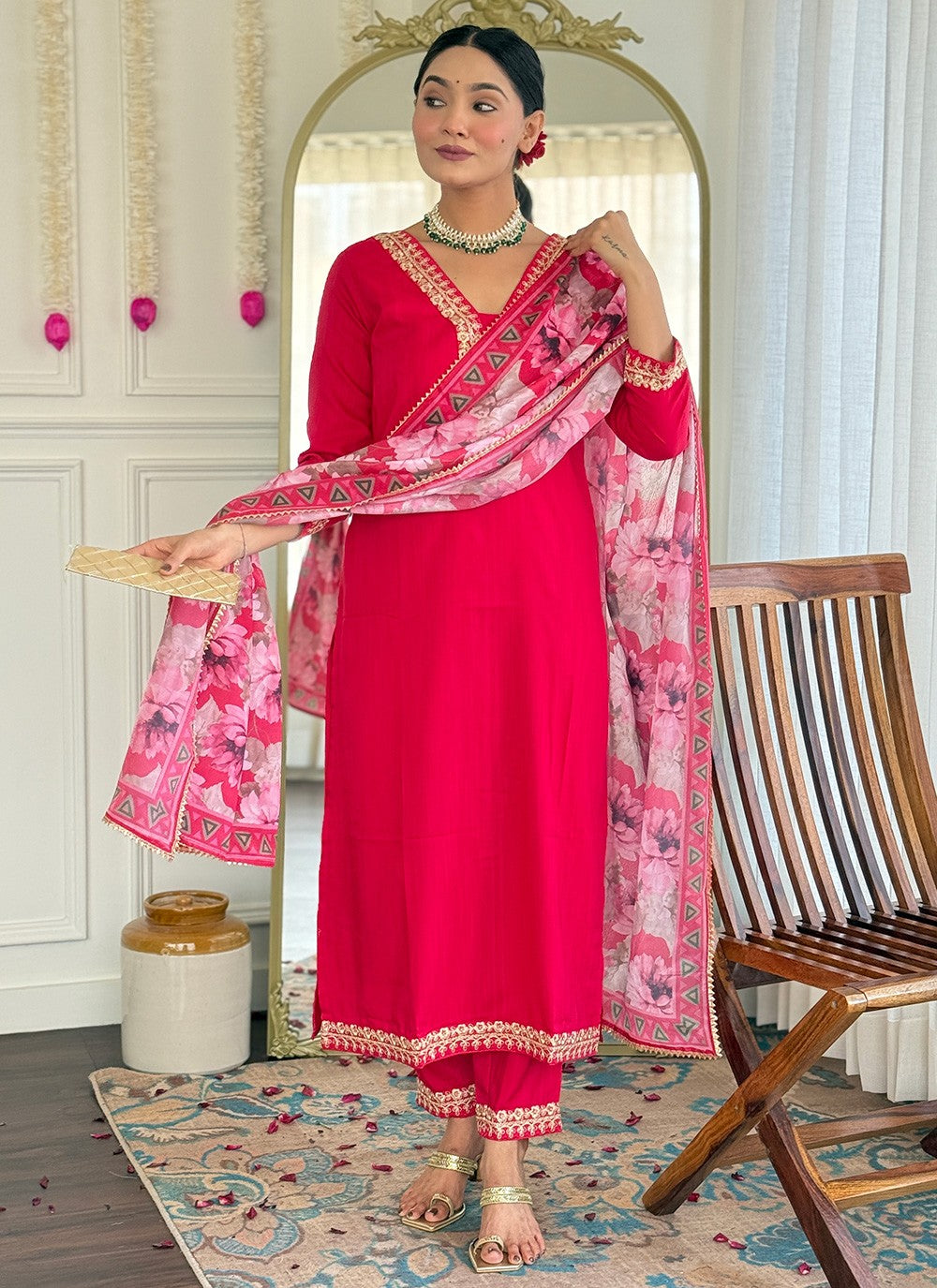 Salwar Suit Embroidered, Printed Pink T7365