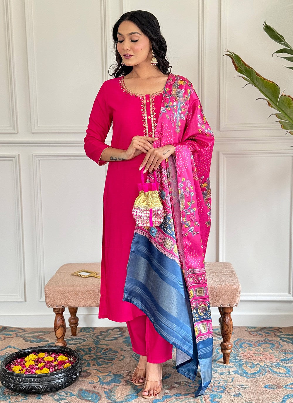 Salwar Suit Embroidered Pink Viscose T5014