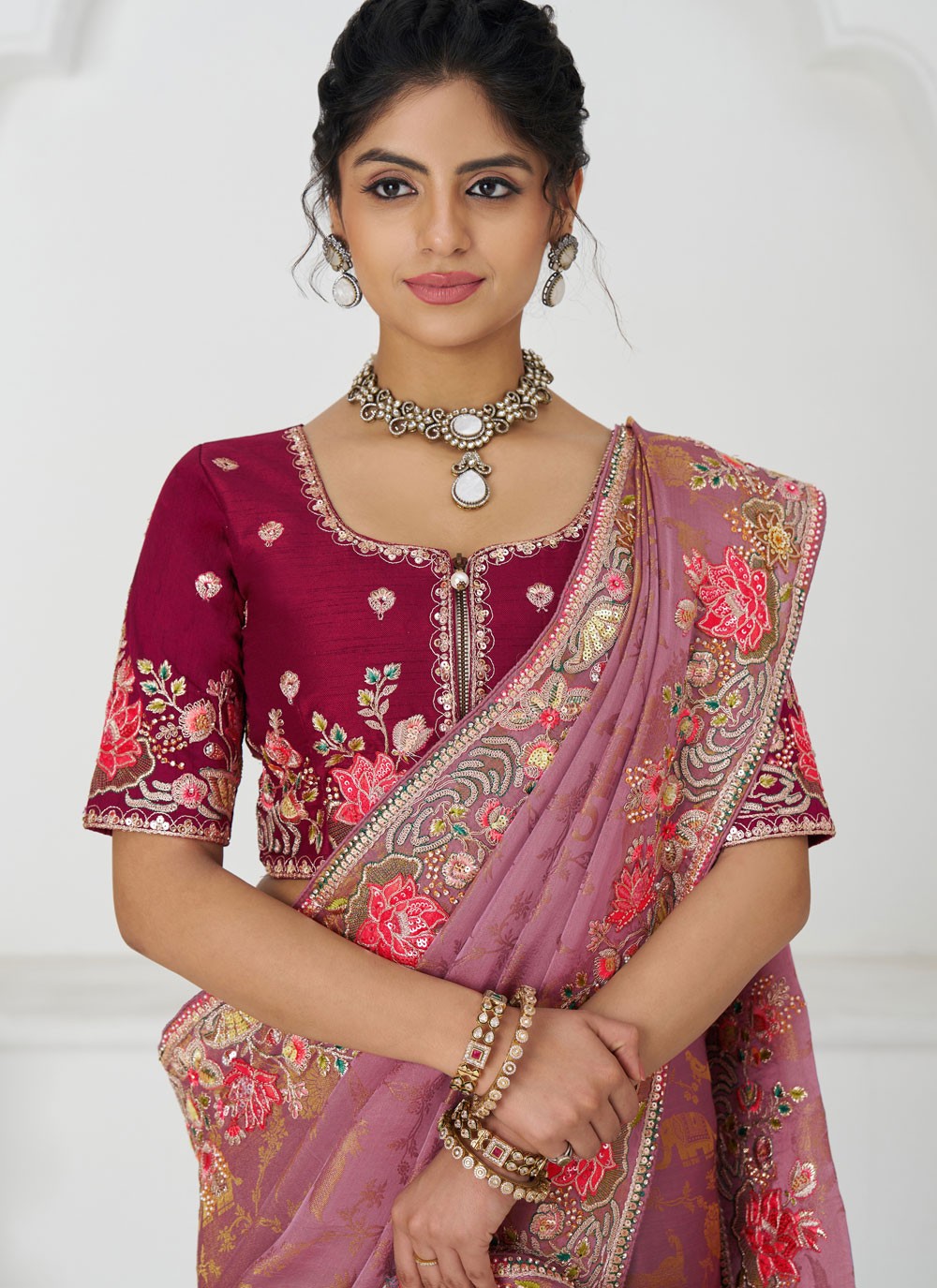 Embroidered Pure Dola Pink Trendy Saree S15644