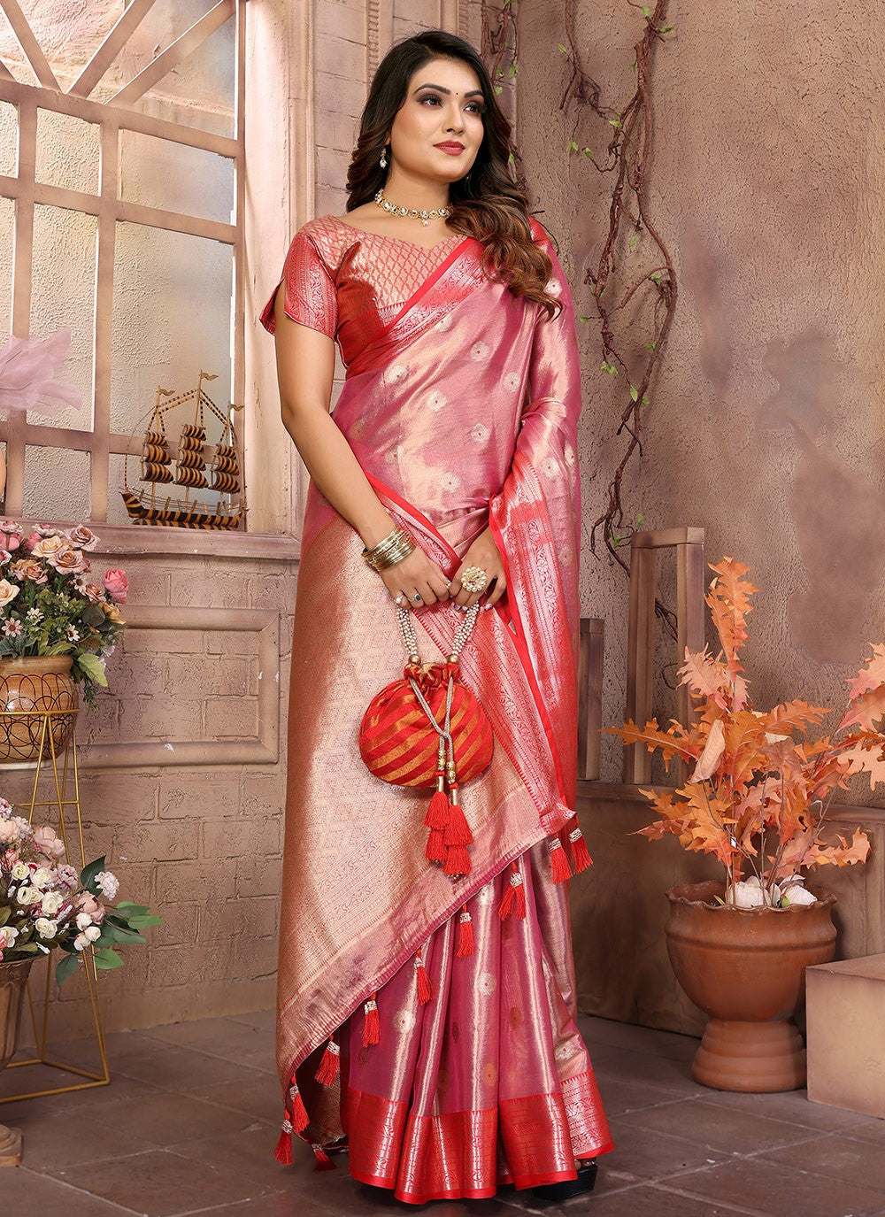 Woven Silk Pink Saree S14615