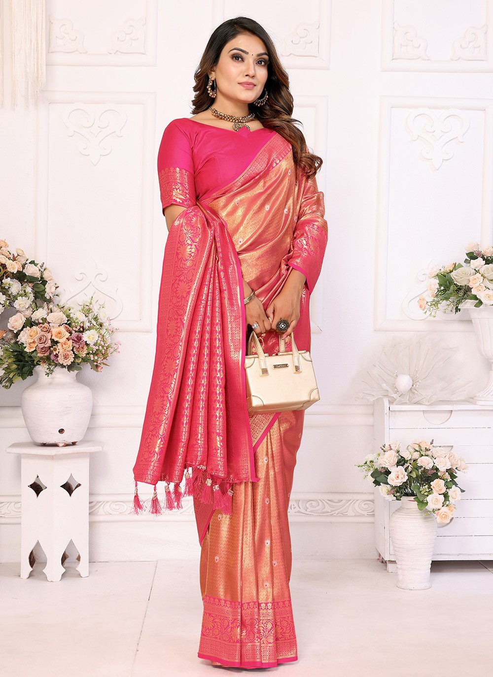 Woven Banarasi Silk Pink Saree S14685