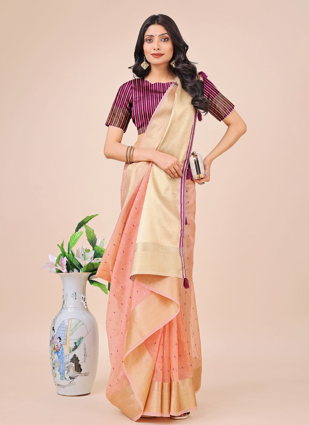 Woven Organza Pink Trendy Saree S15186