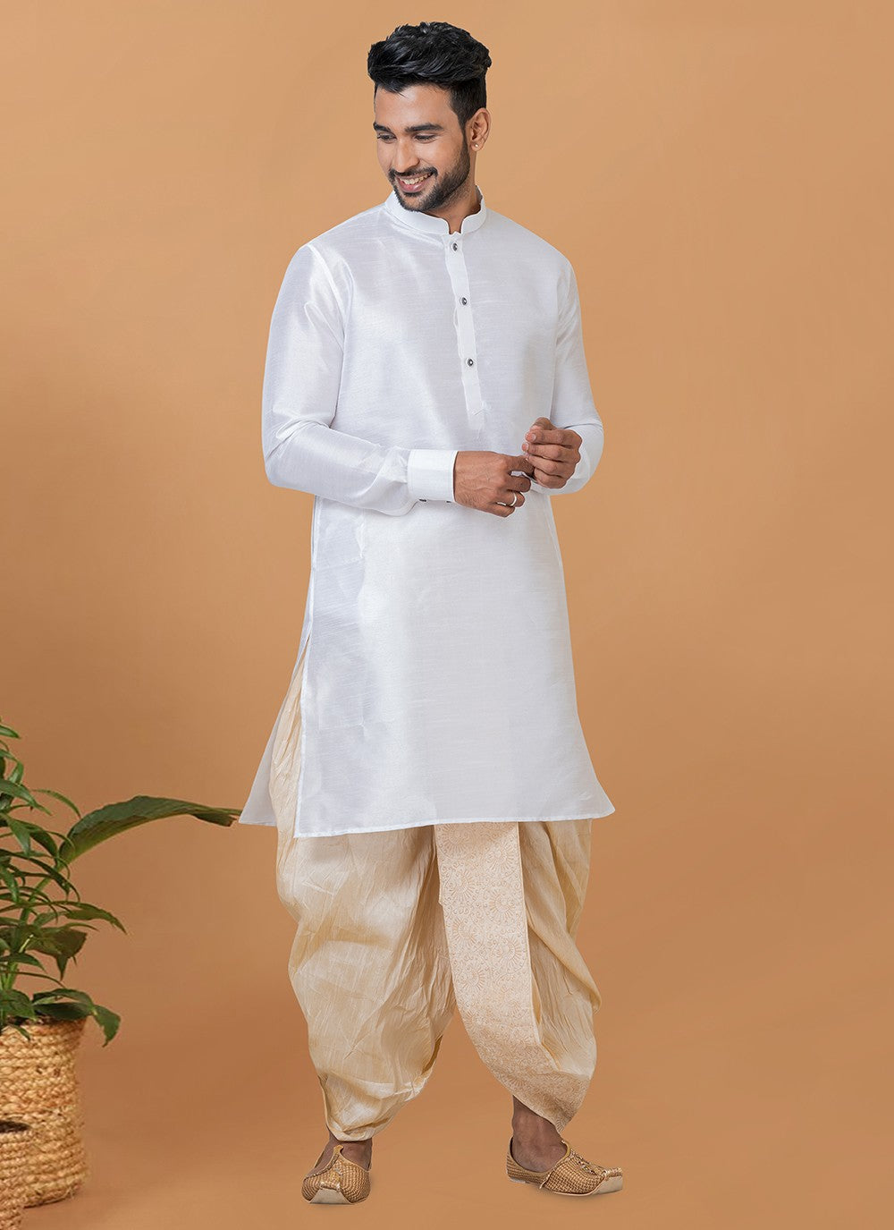 Plain Banarasi Silk White Dhoti Kurta - M5941