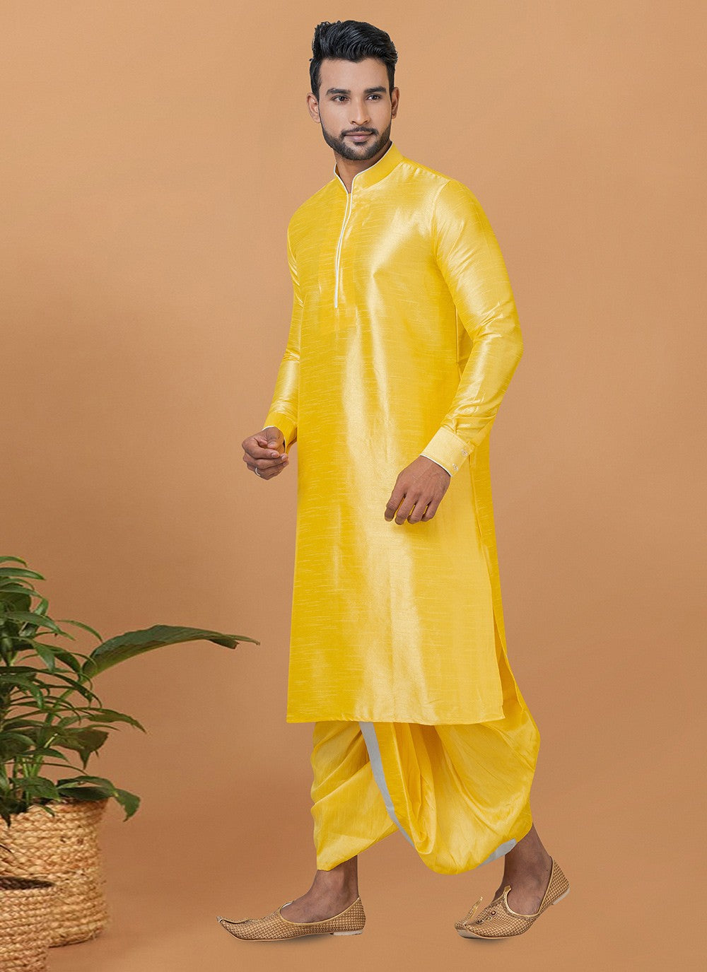 Plain Banarasi Silk Yellow Dhoti Kurta - M5952