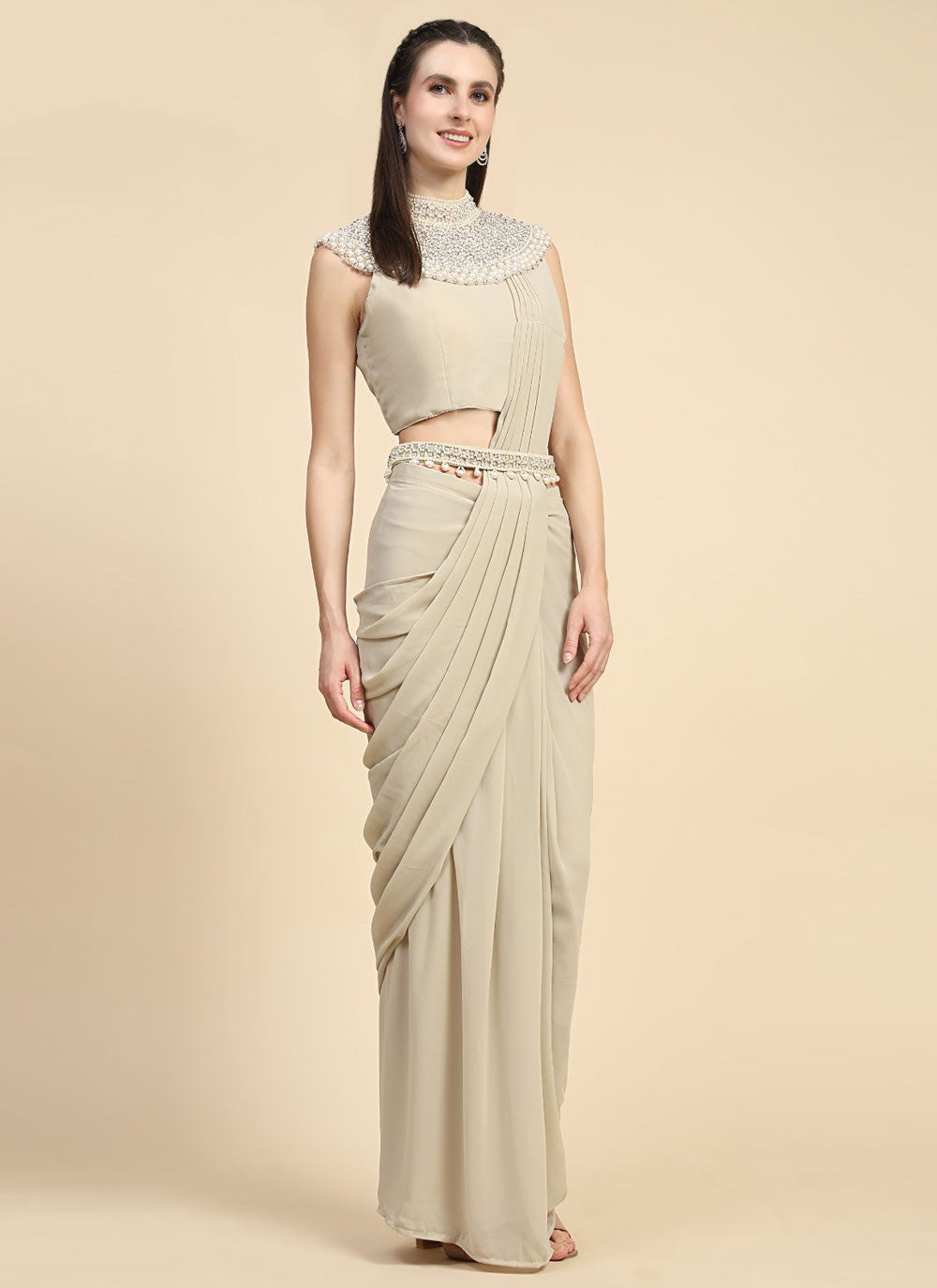 Designer Plain Beige Georgette Saree S12596