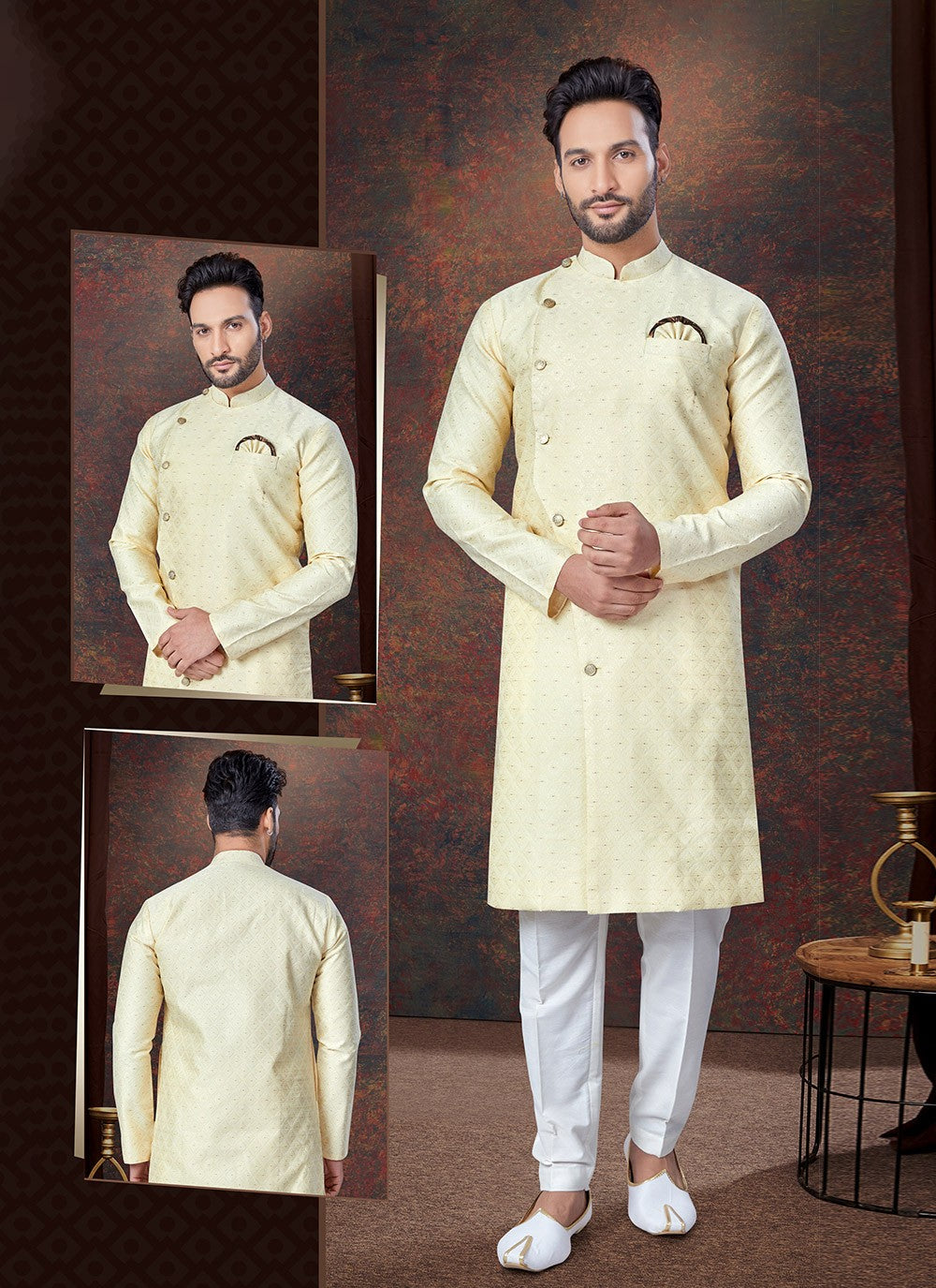 Plain Jacquard Gold Indo Western - M7703
