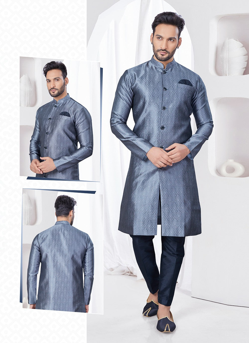 Plain Jacquard Grey Indo Western - M7688