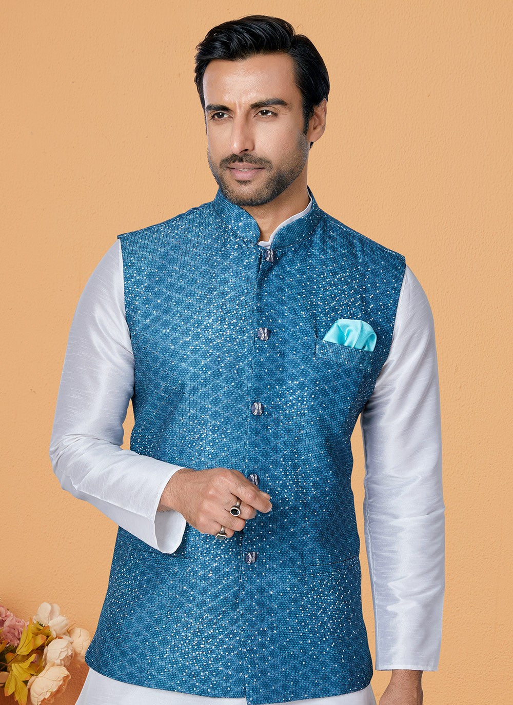 Embroidered Banarasi Silk, Polyester Blue, Off White Kurta Payjama With Jacket - M5549