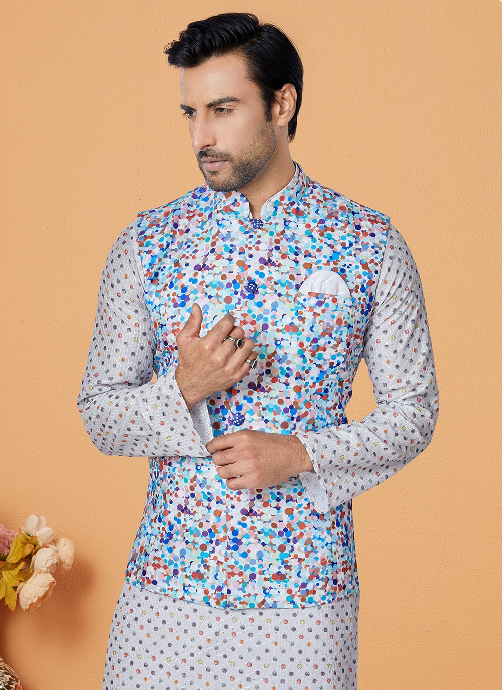 Embroidered Polyester Multi Colour, Off White Kurta Payjama With Jacket - M5555