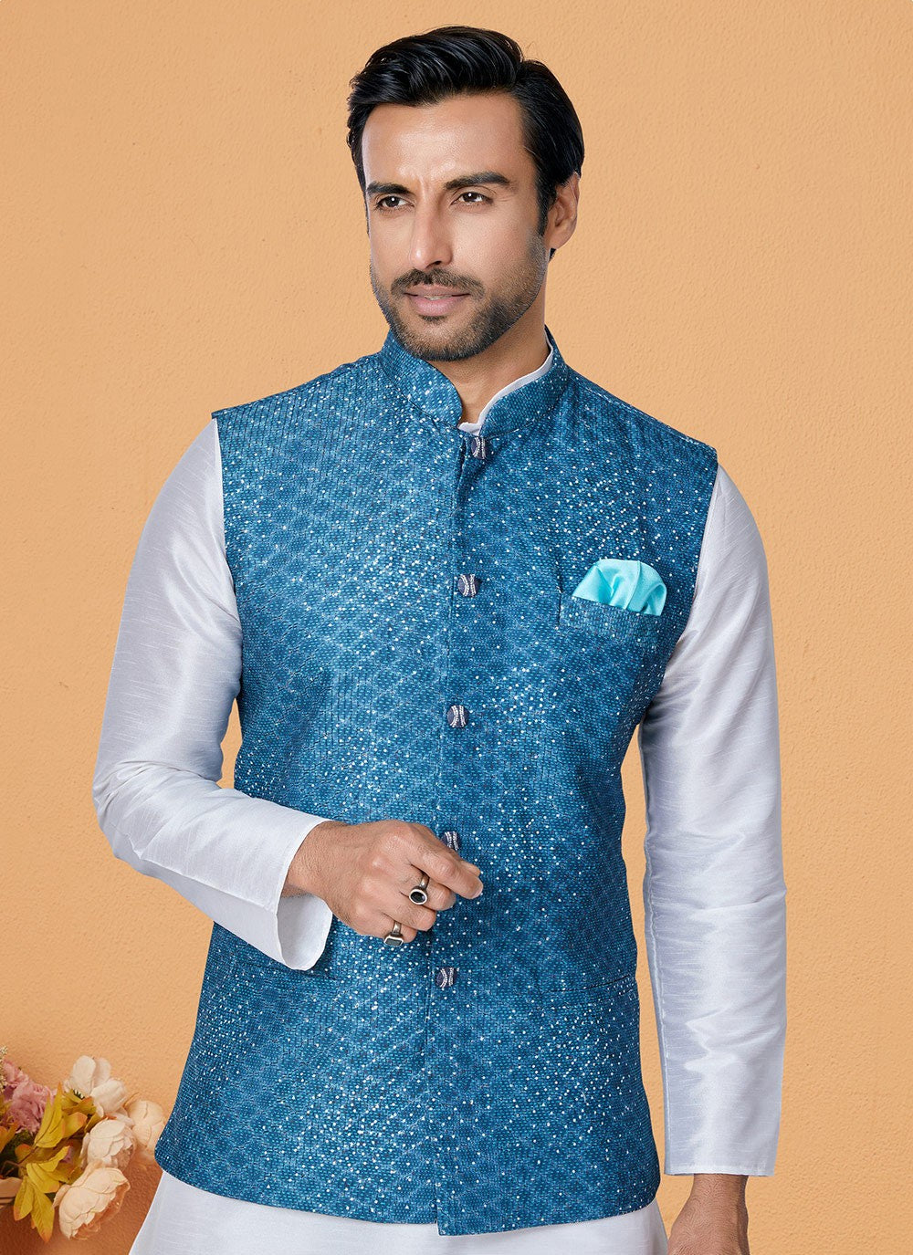 Embroidered Polyester Blue Nehru Jackets - M7424